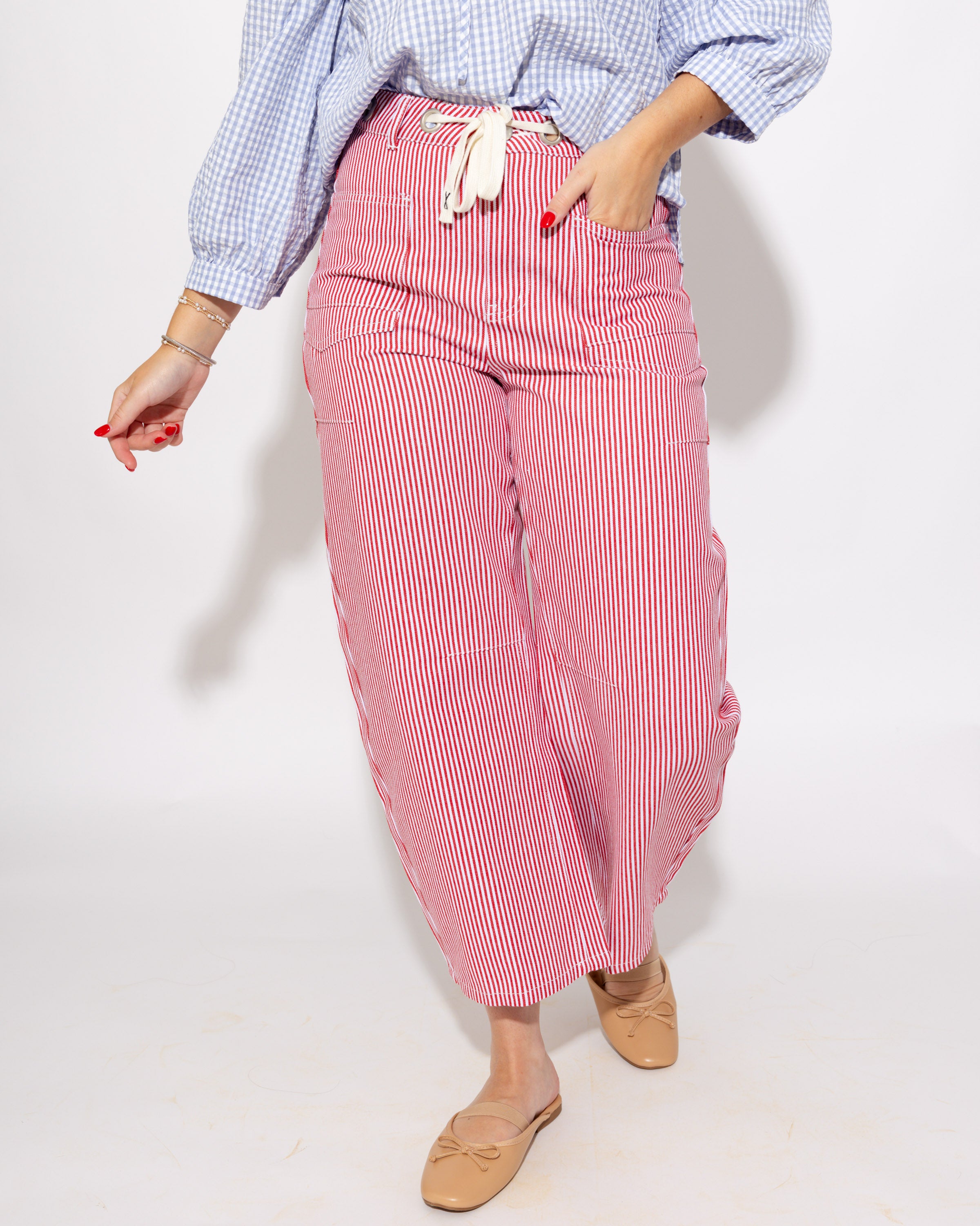 Drawstring Waist Stripe Barrel Pants