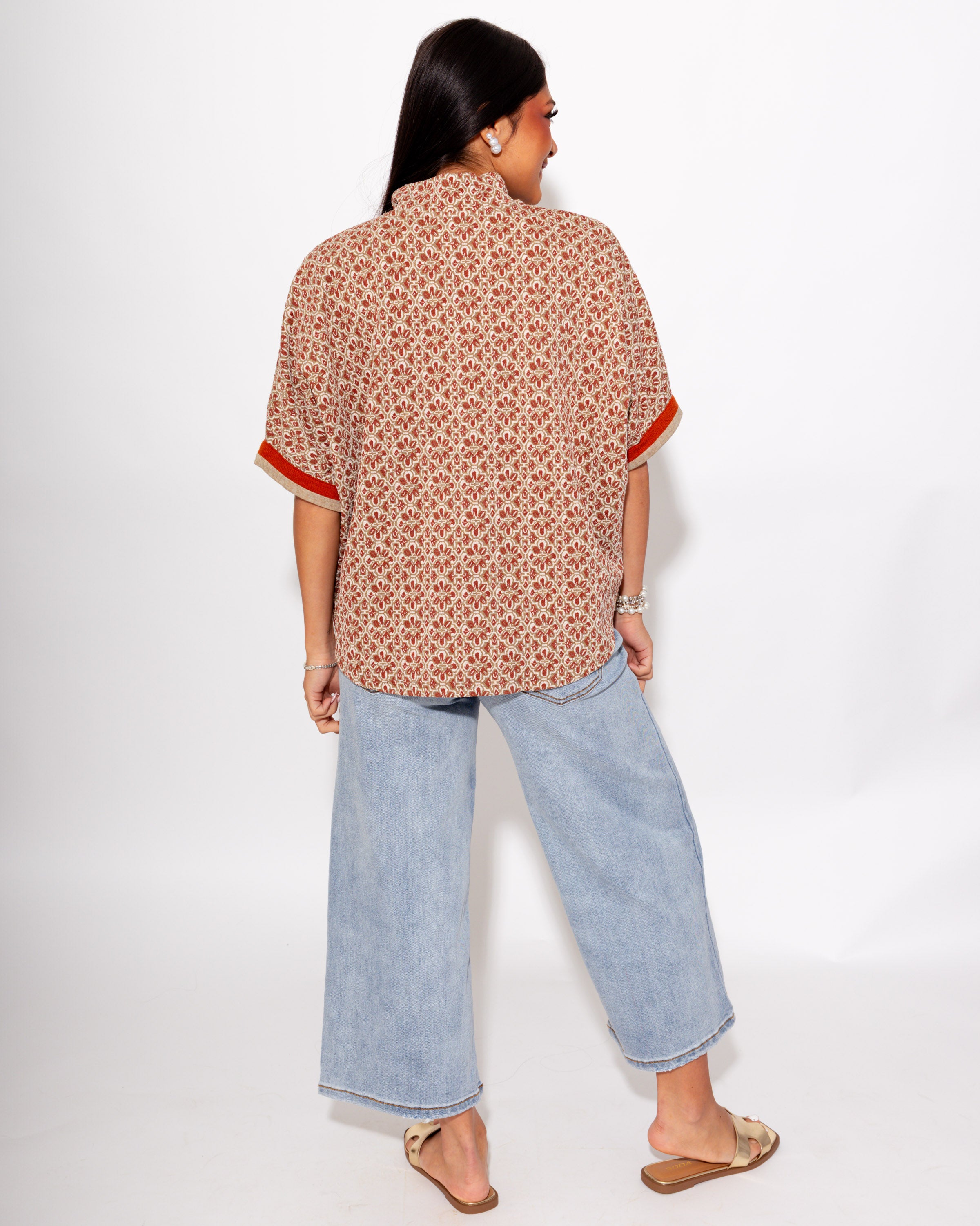 Geo Print Dolman Sleeve Top in Chestnut