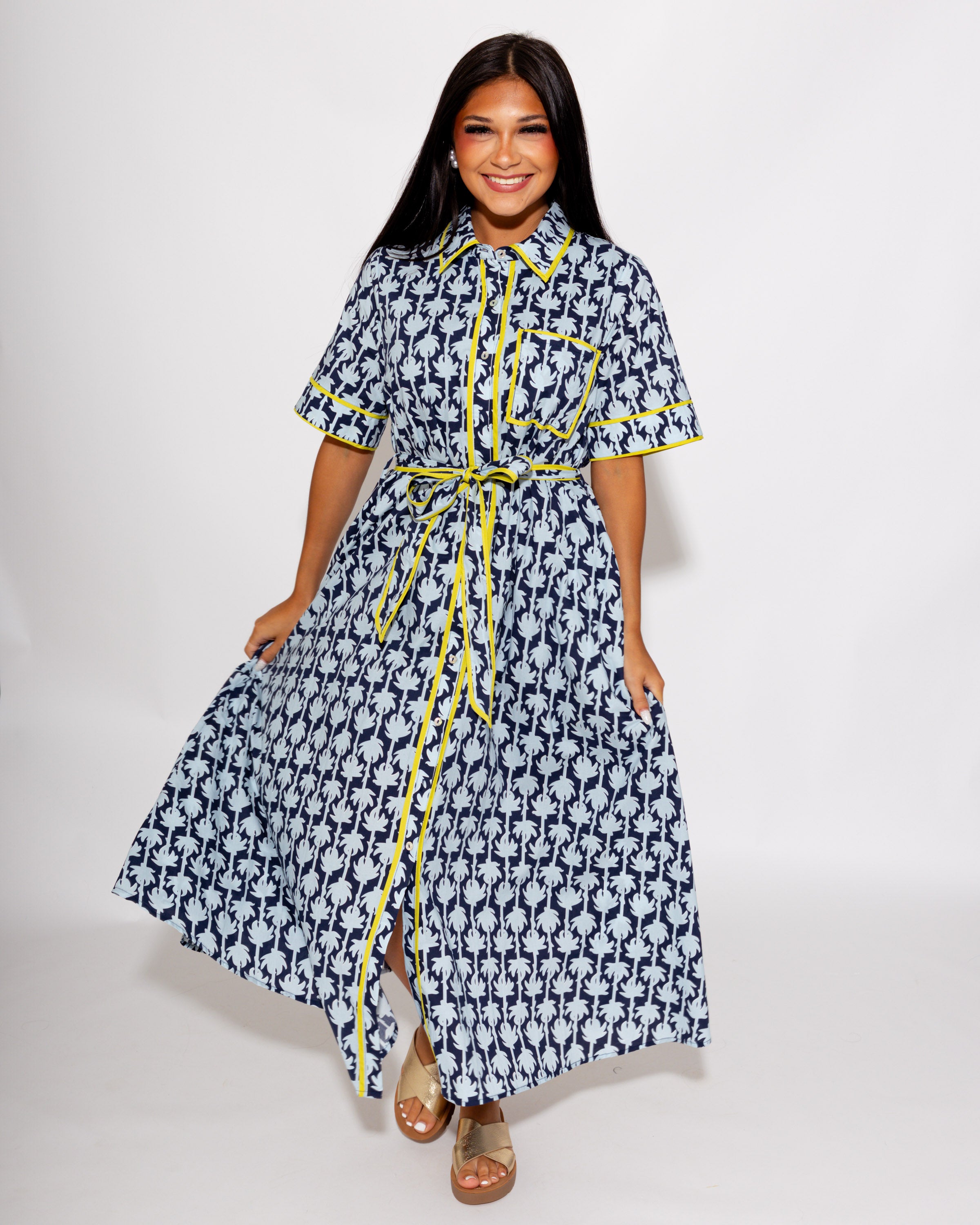 Botanical Print Belted Midi Dress
