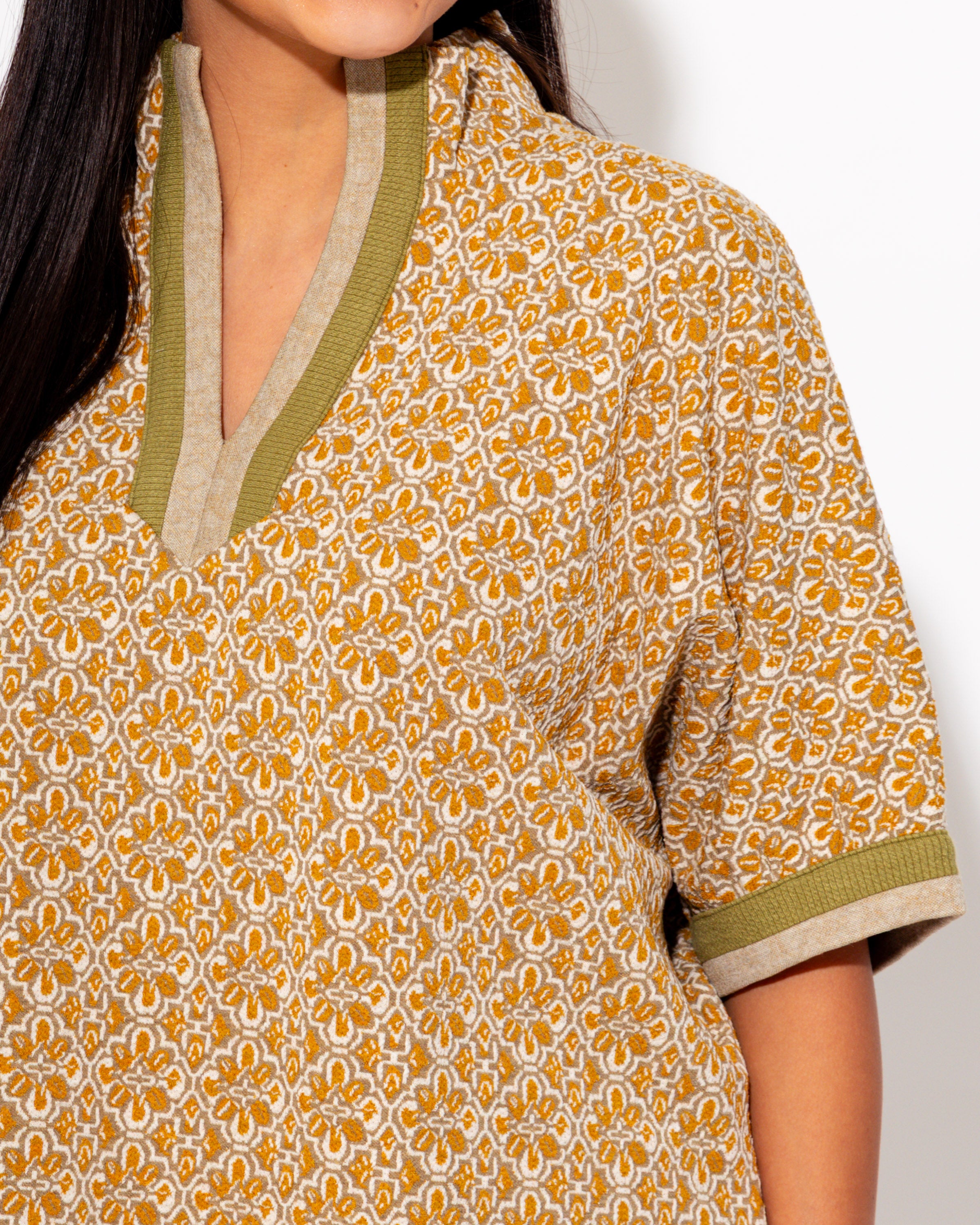 Geo Print Dolman Sleeve Top in Mustard