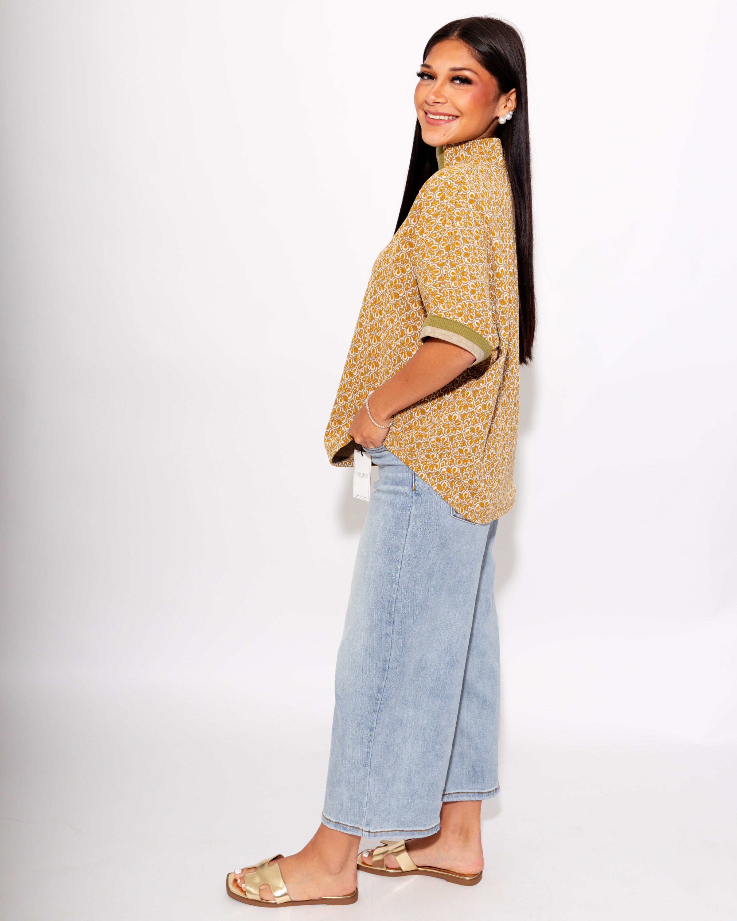 Geo Print Dolman Sleeve Top in Mustard