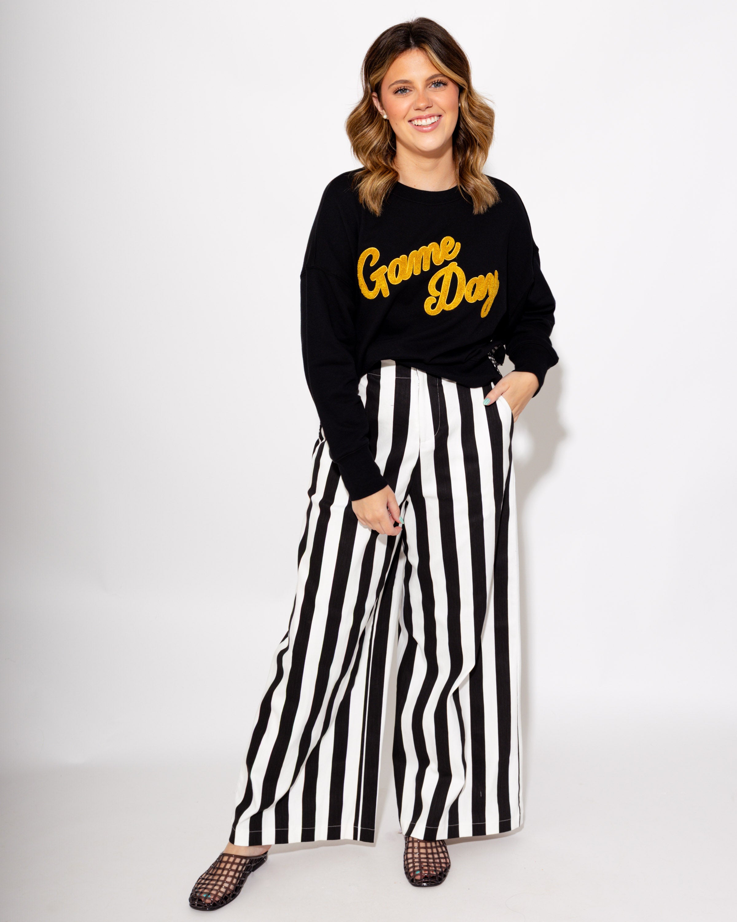 Statement Stripe Wide Leg Pants in Black