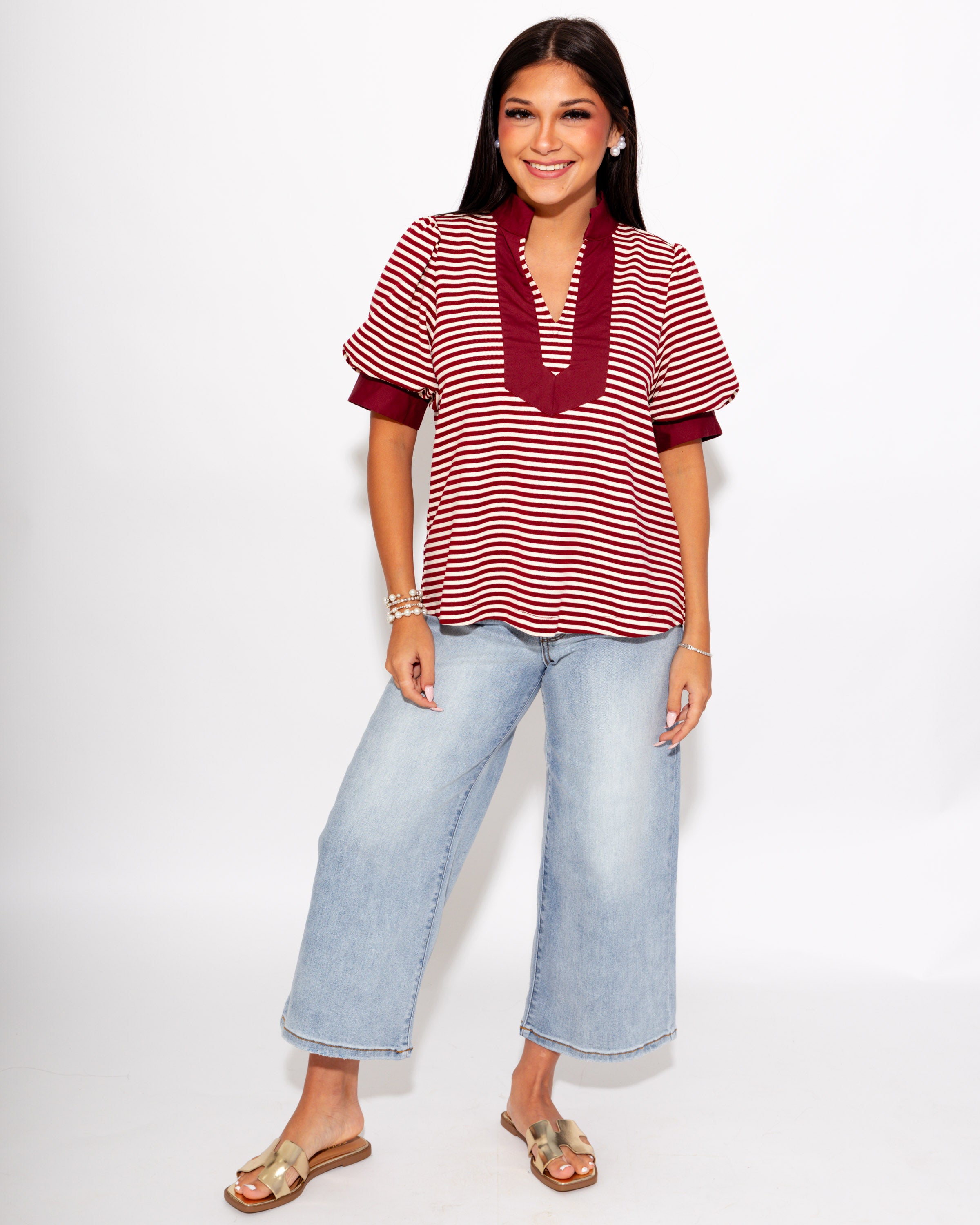 Stripe Contrast Puff Sleeve Top in Burgundy