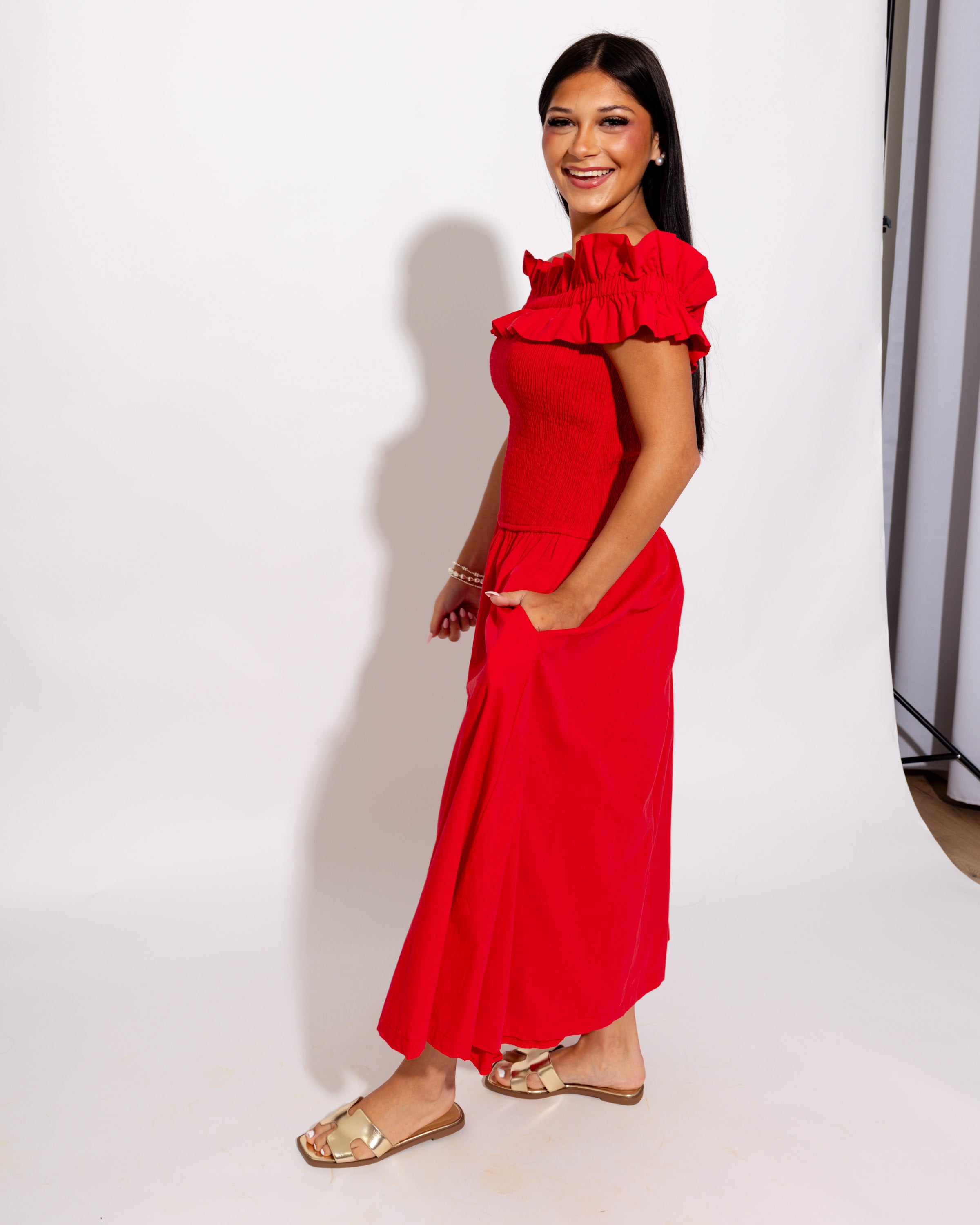 Smocked Bodice Off Shoulder Midi