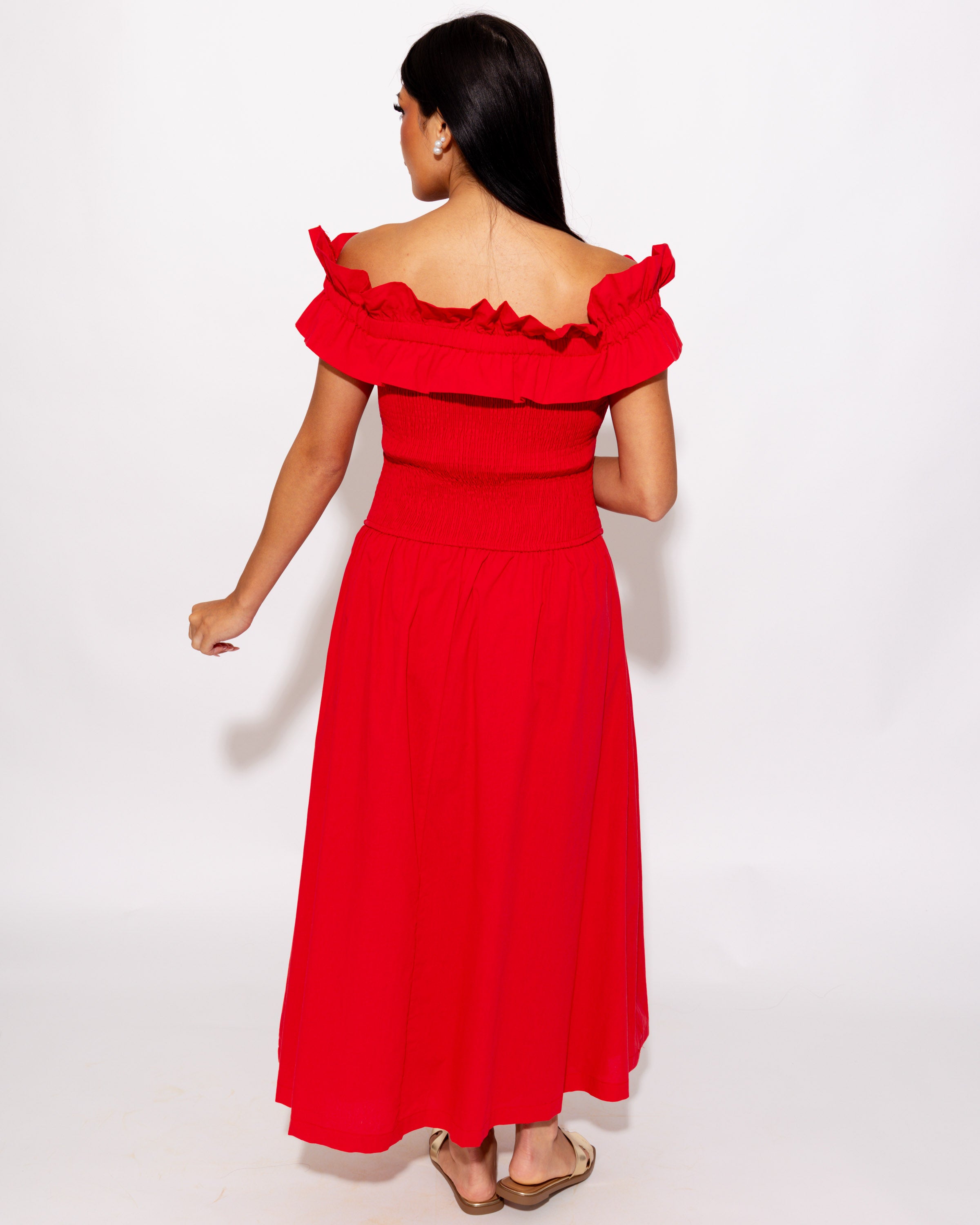 Smocked Bodice Off Shoulder Midi
