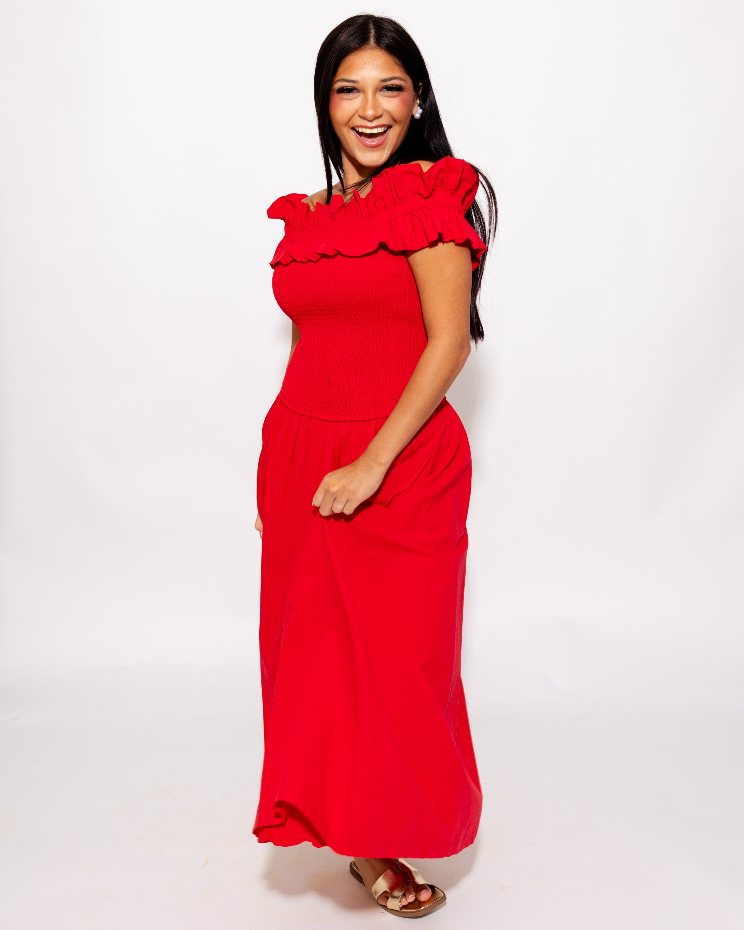 Smocked Bodice Off Shoulder Midi