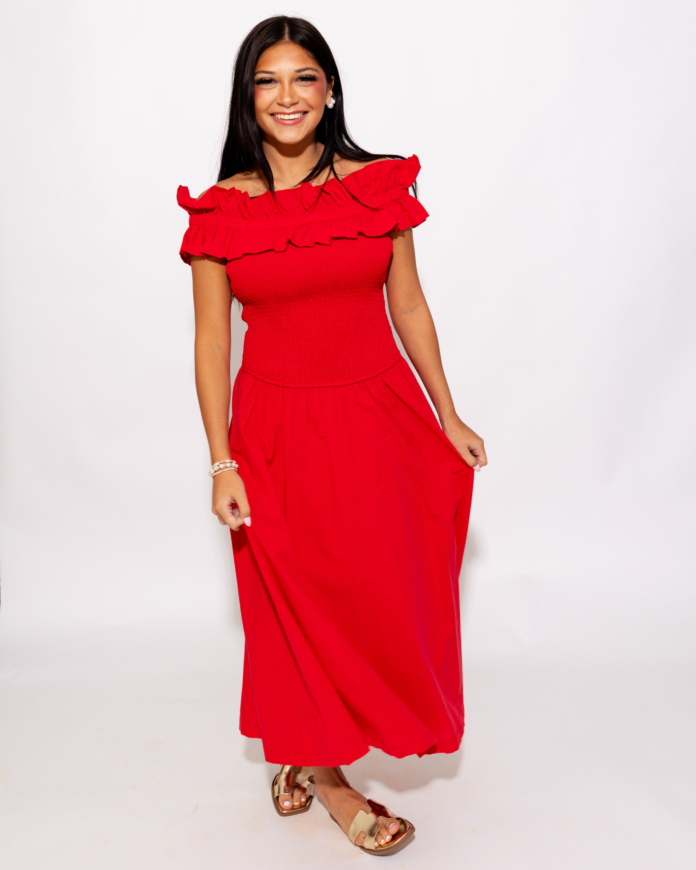 Smocked Bodice Off Shoulder Midi
