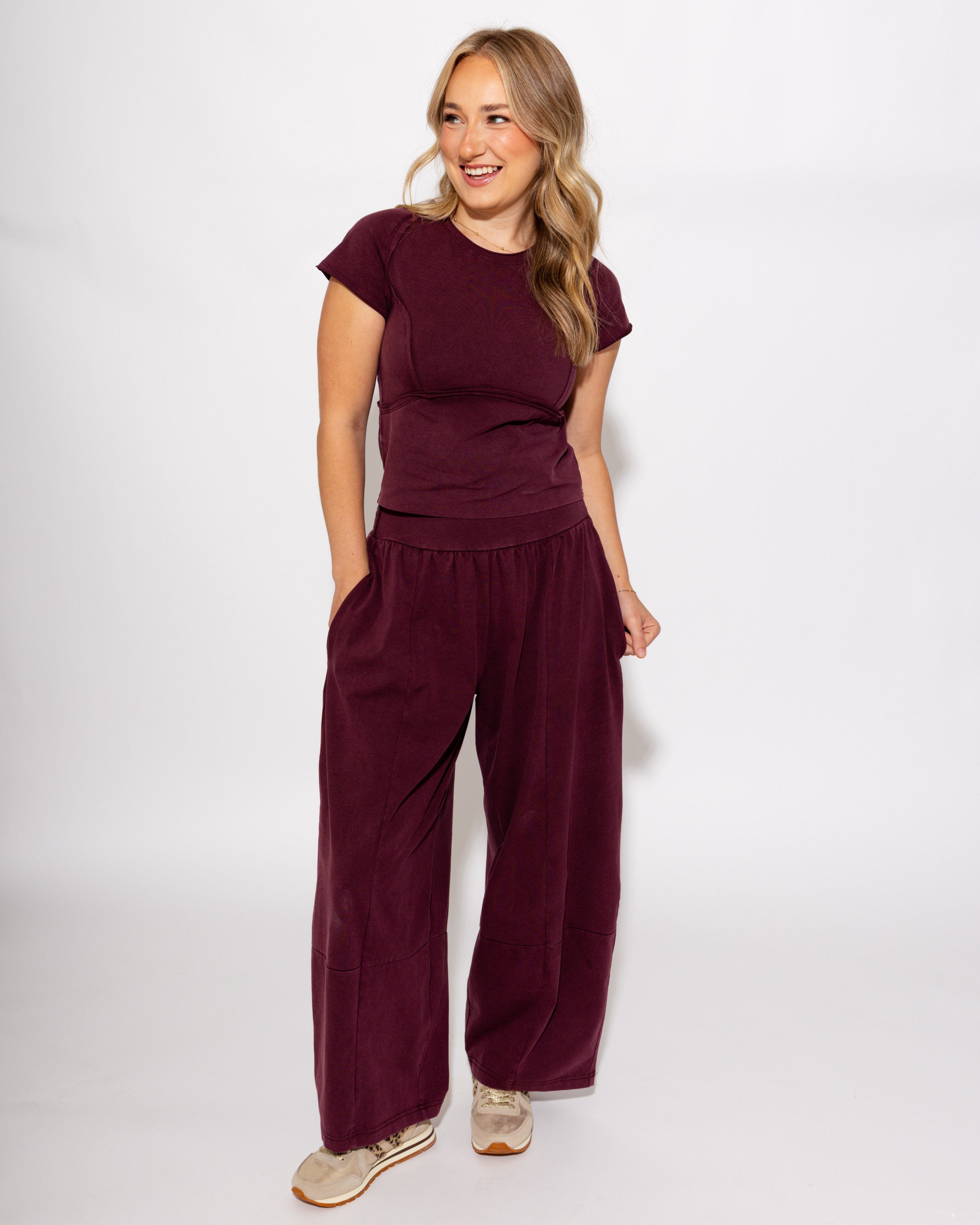 Mineral Washed Wide Leg Pants in Red Bean