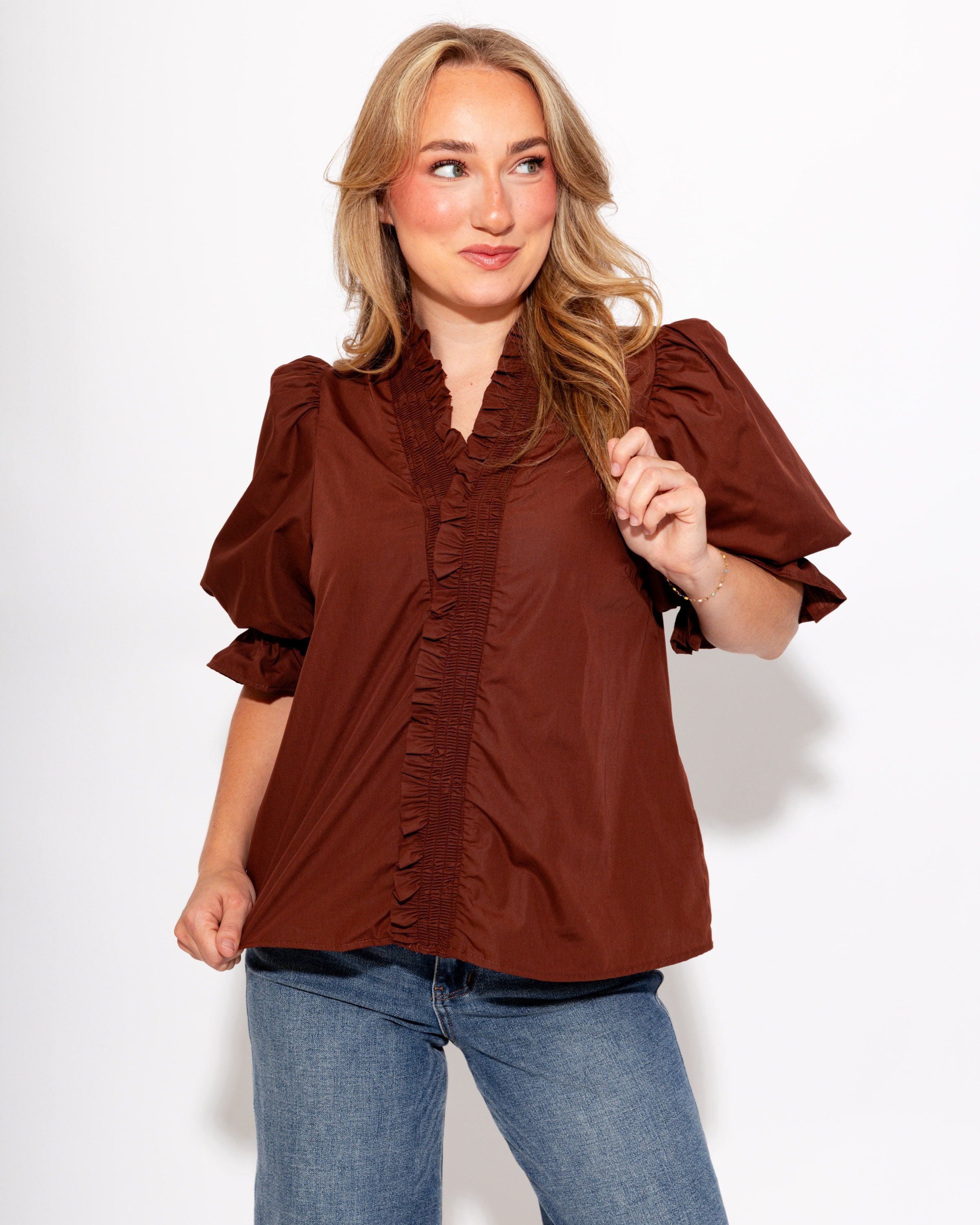 Ruffled Puff Sleeve Top in Brown