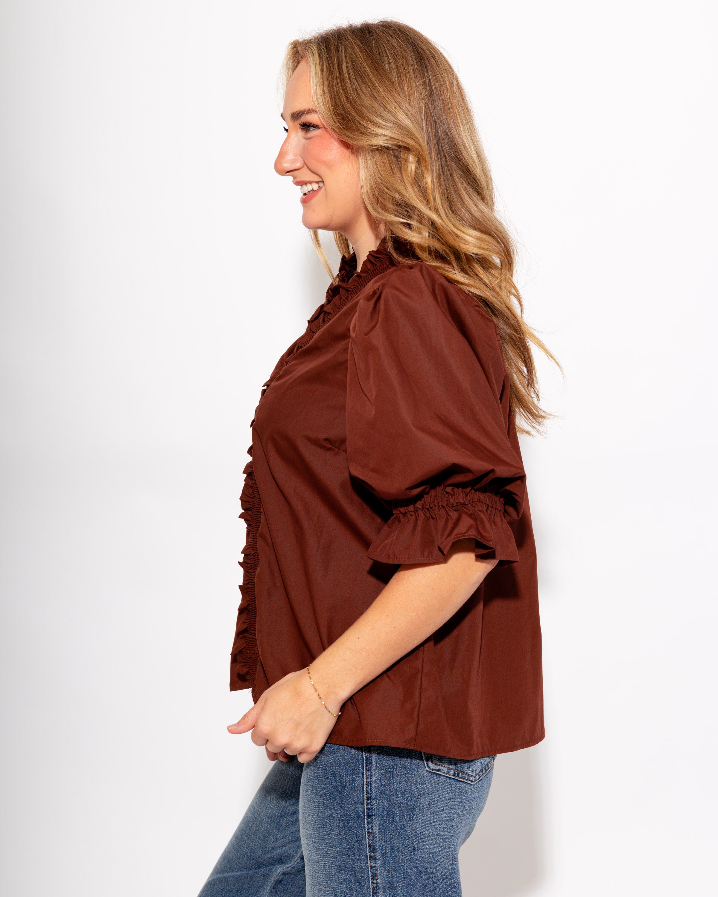 Ruffled Puff Sleeve Top in Brown