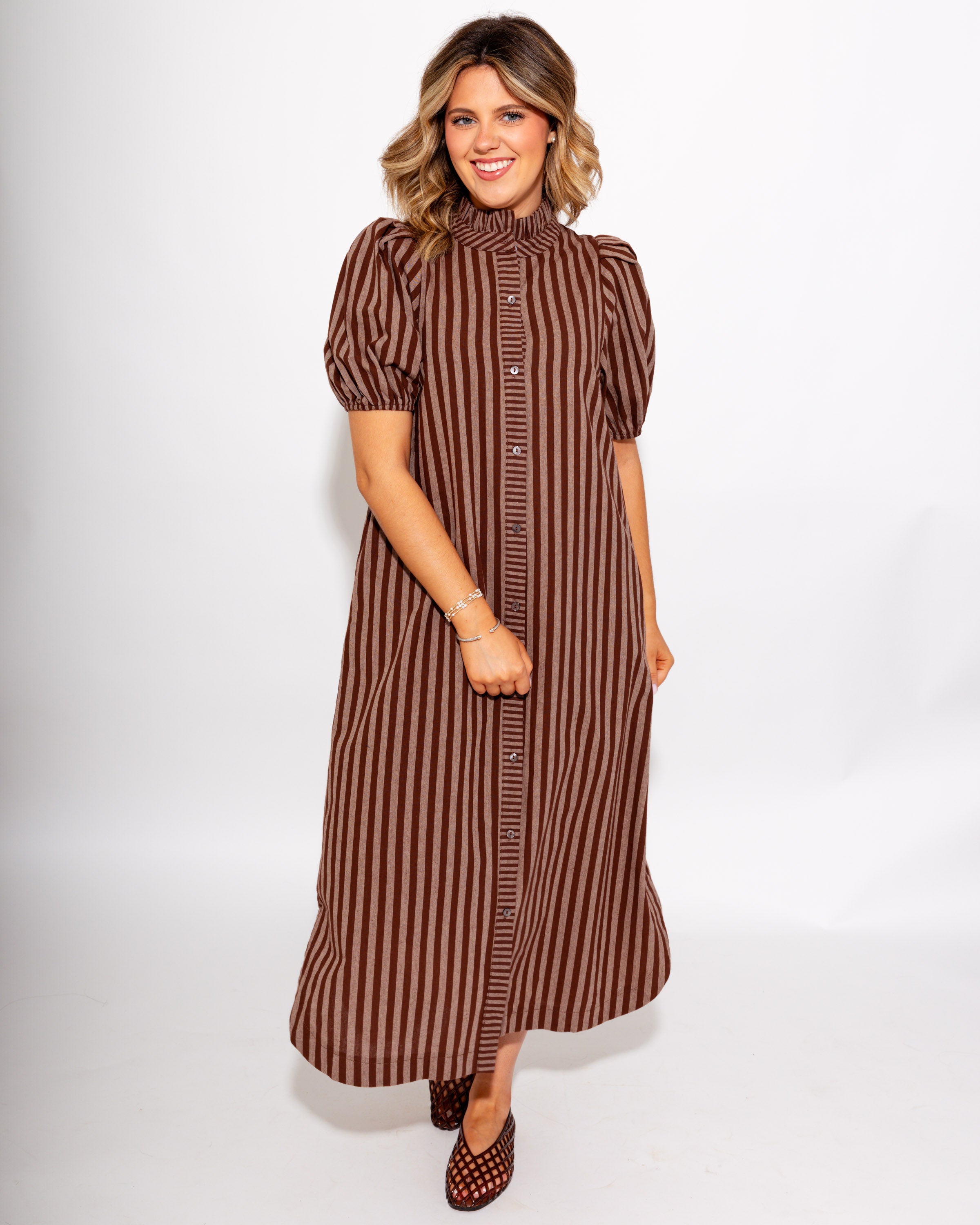 Timeless Stripe Ruffle Neck Midi Dress in Brown