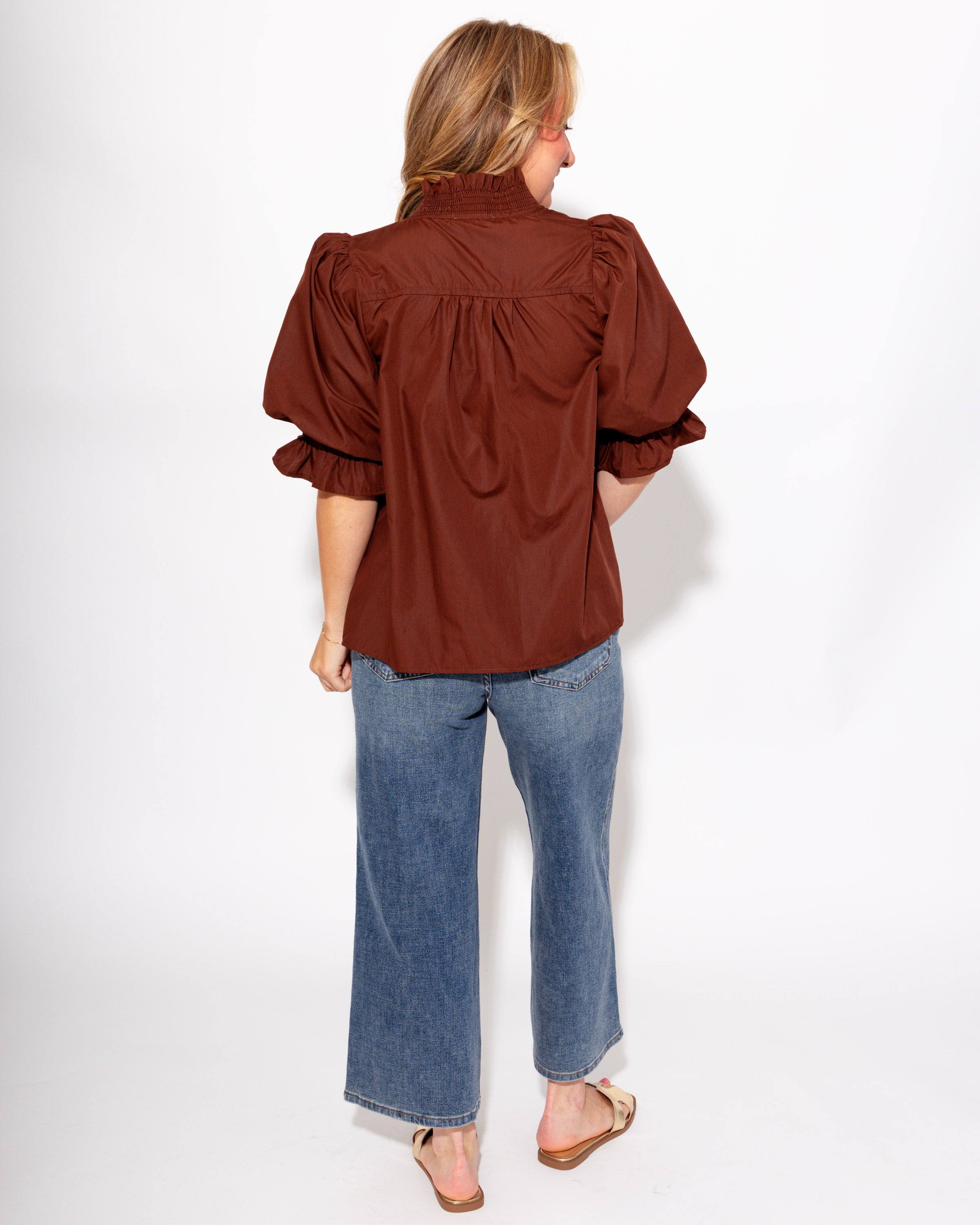 Ruffled Puff Sleeve Top in Brown