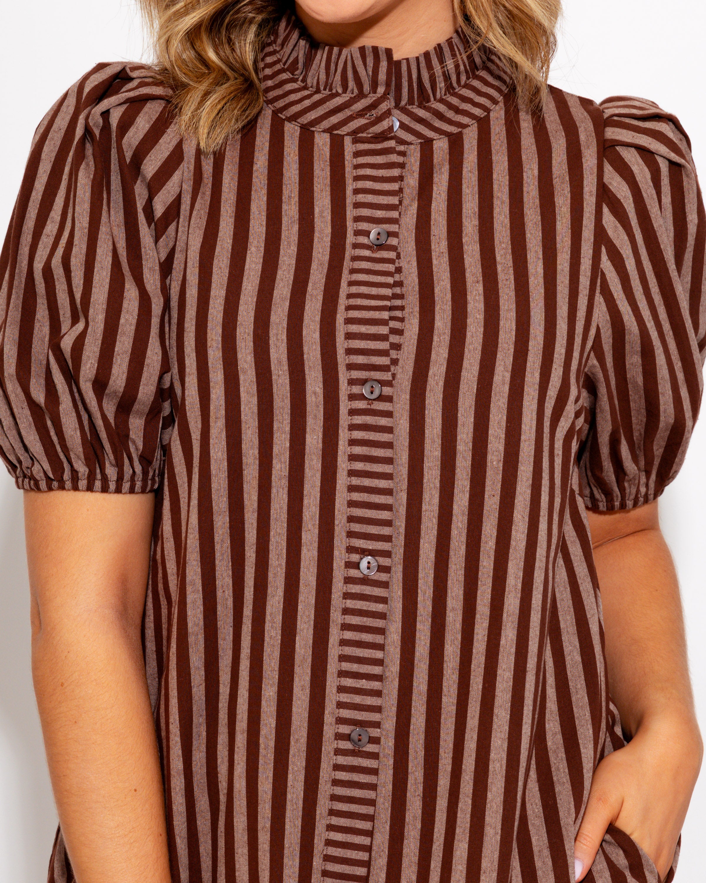 Timeless Stripe Ruffle Neck Midi Dress in Brown