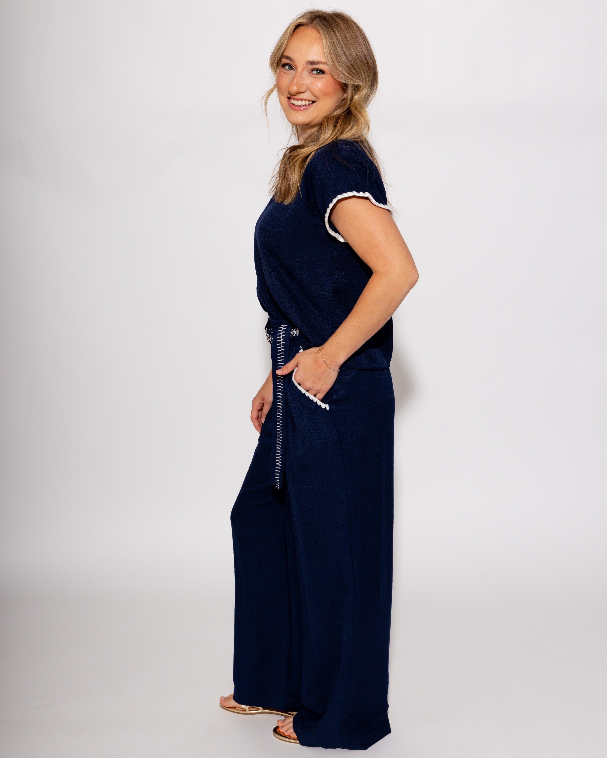 Scallop Embroidery Crinkle Top & Pant Set