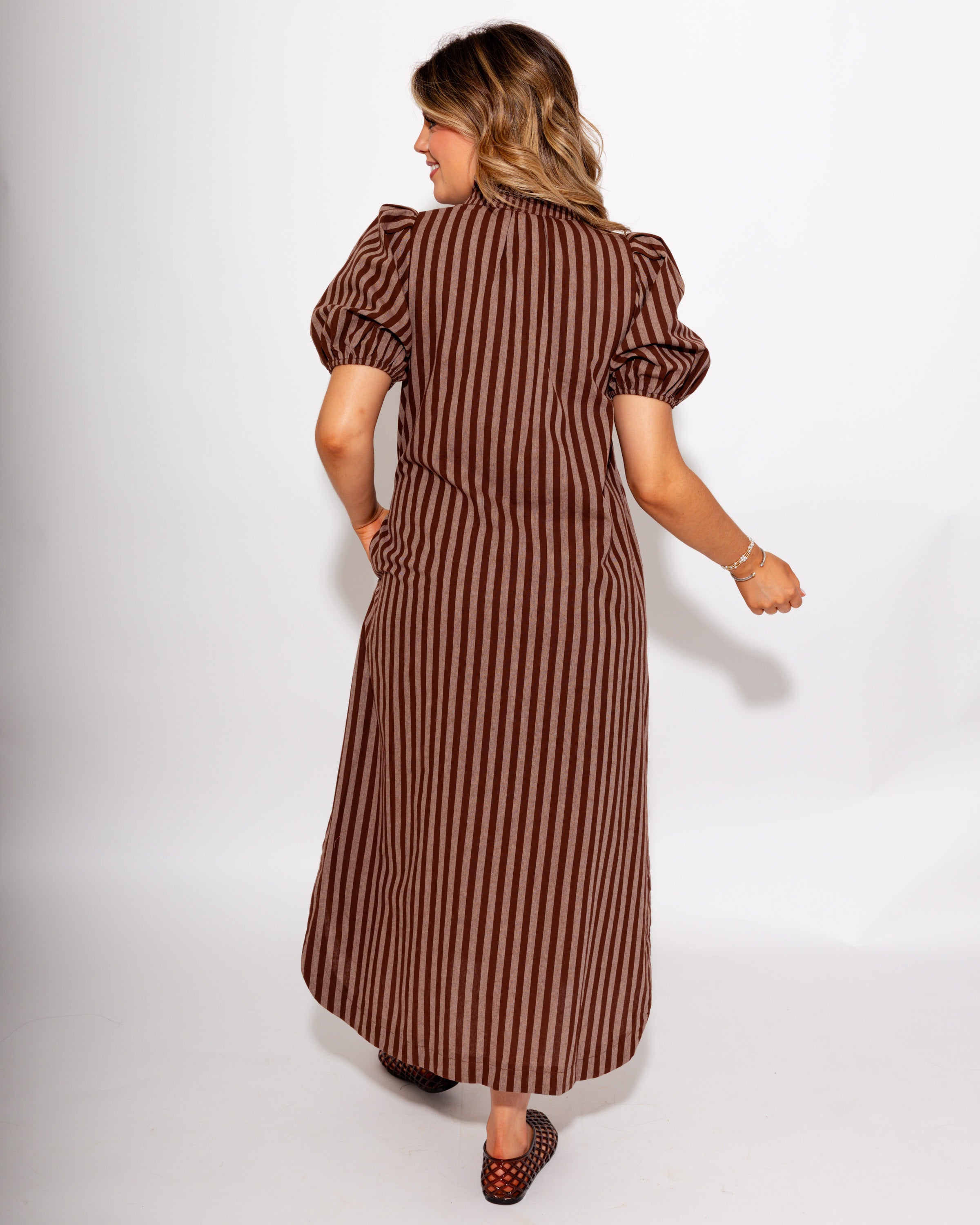Timeless Stripe Ruffle Neck Midi Dress in Brown
