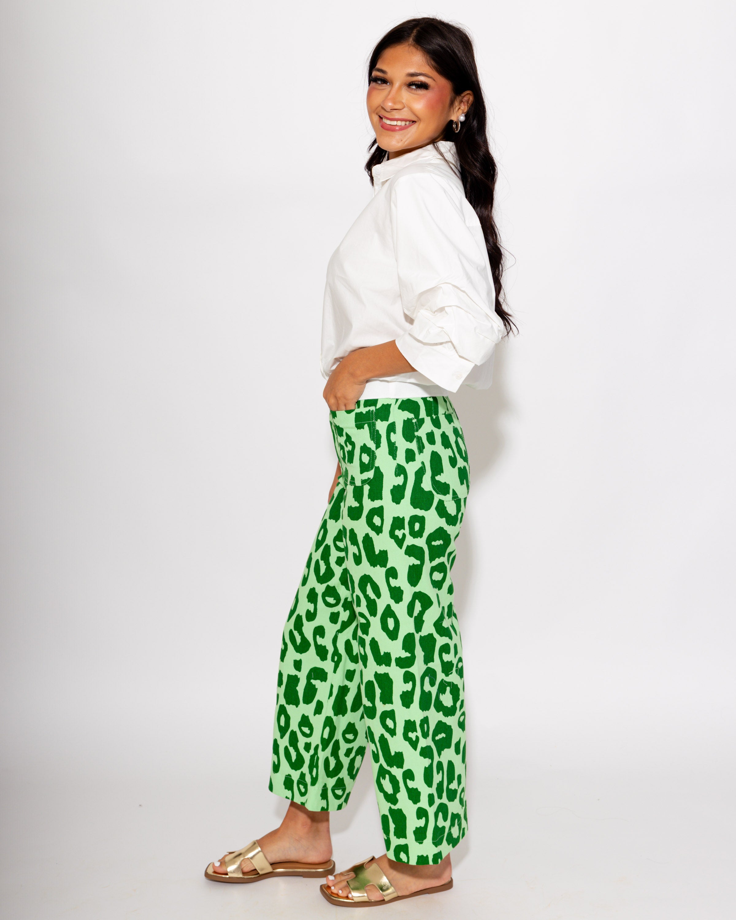 Standout Cropped Leopard Pants in Green