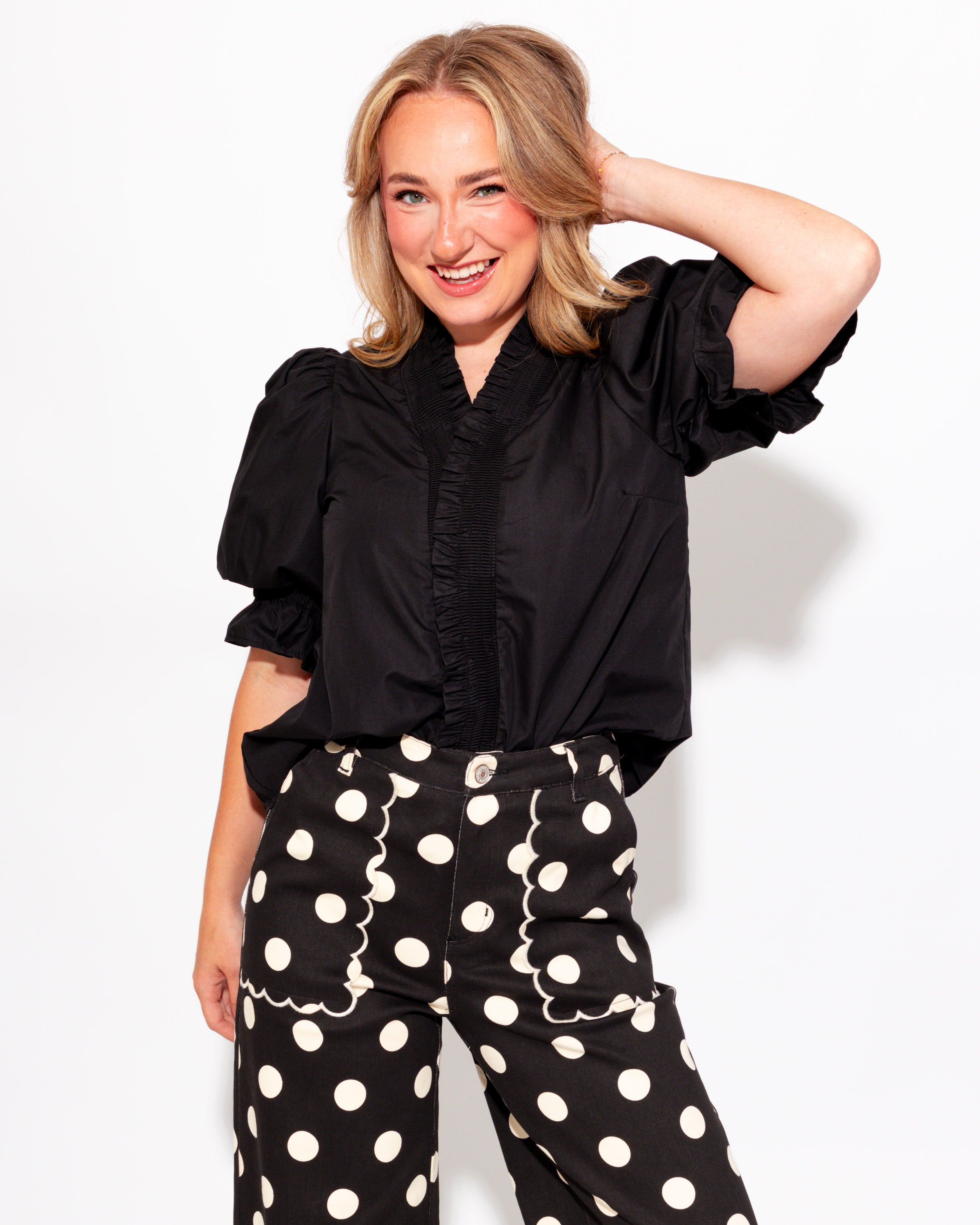 Ruffled Puff Sleeve Top in Black