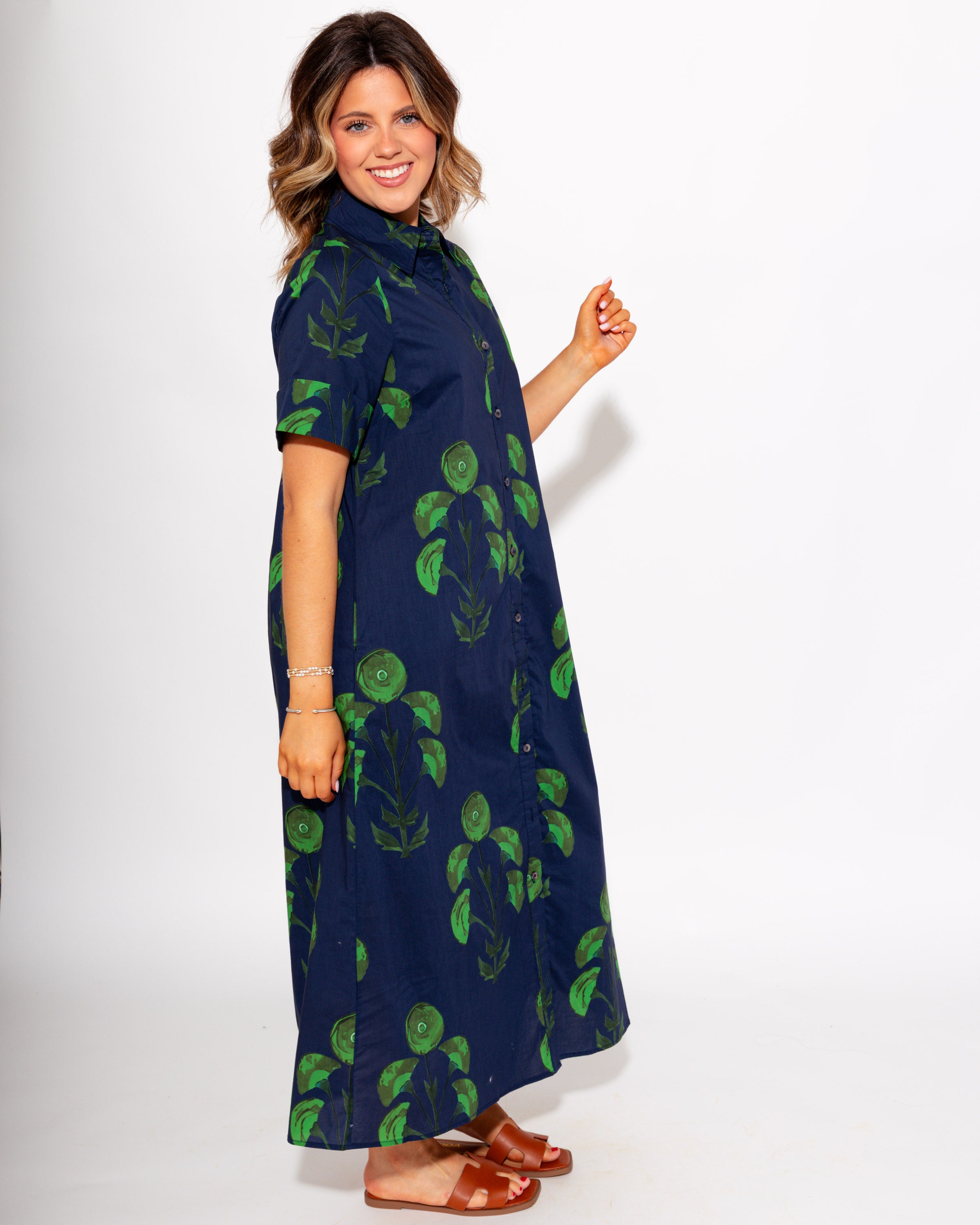 Button Front Floral Midi Dress
