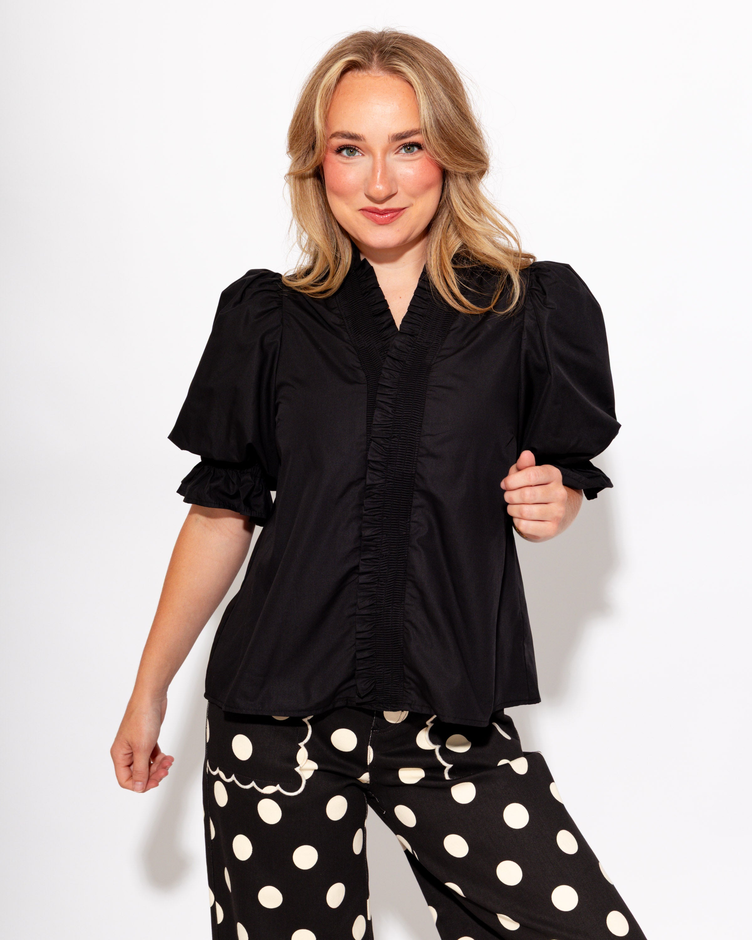 Ruffled Puff Sleeve Top in Black