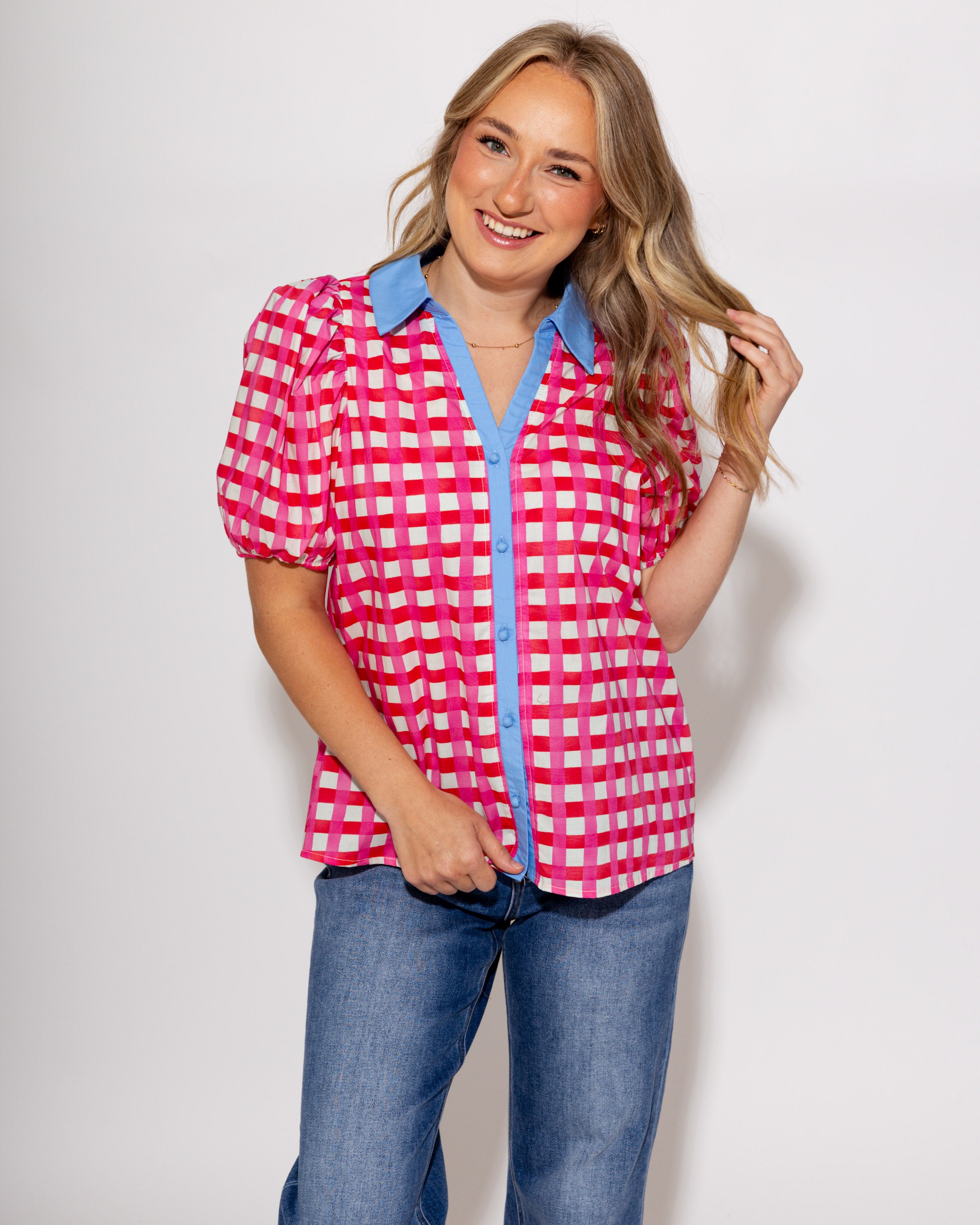 Colorblock Collar Check Top