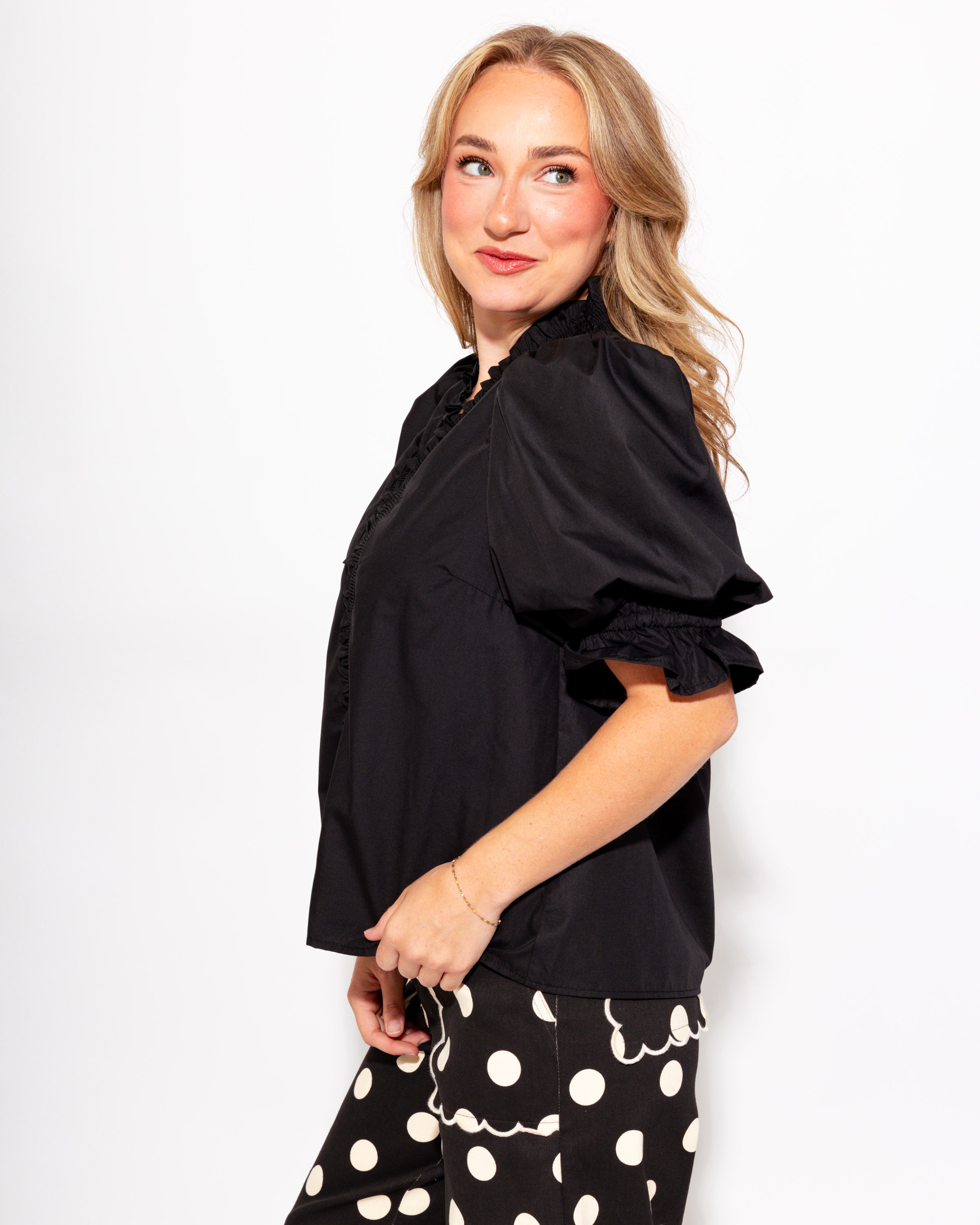 Ruffled Puff Sleeve Top in Black