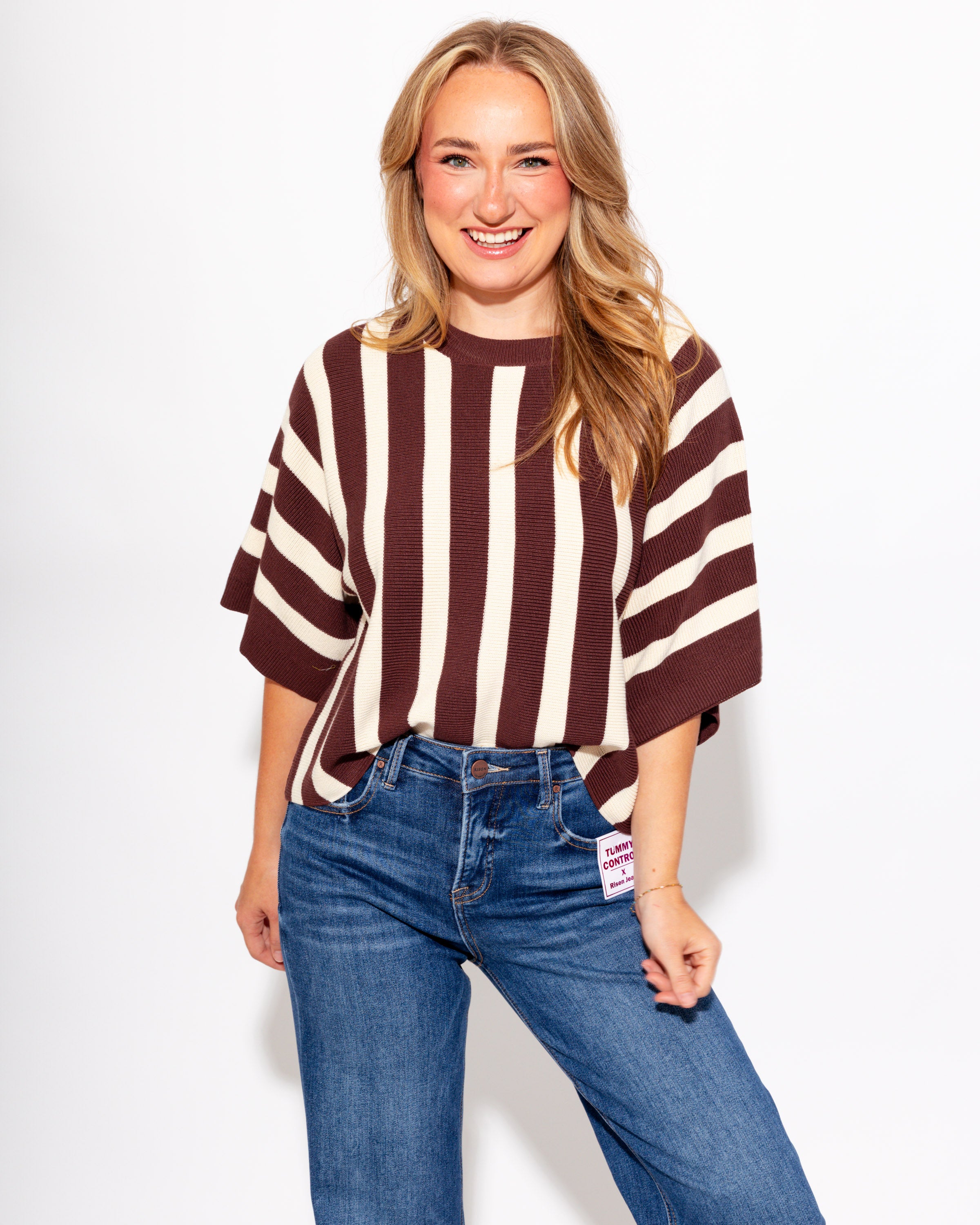 Brown Striped Ribbed Crew Neck Top