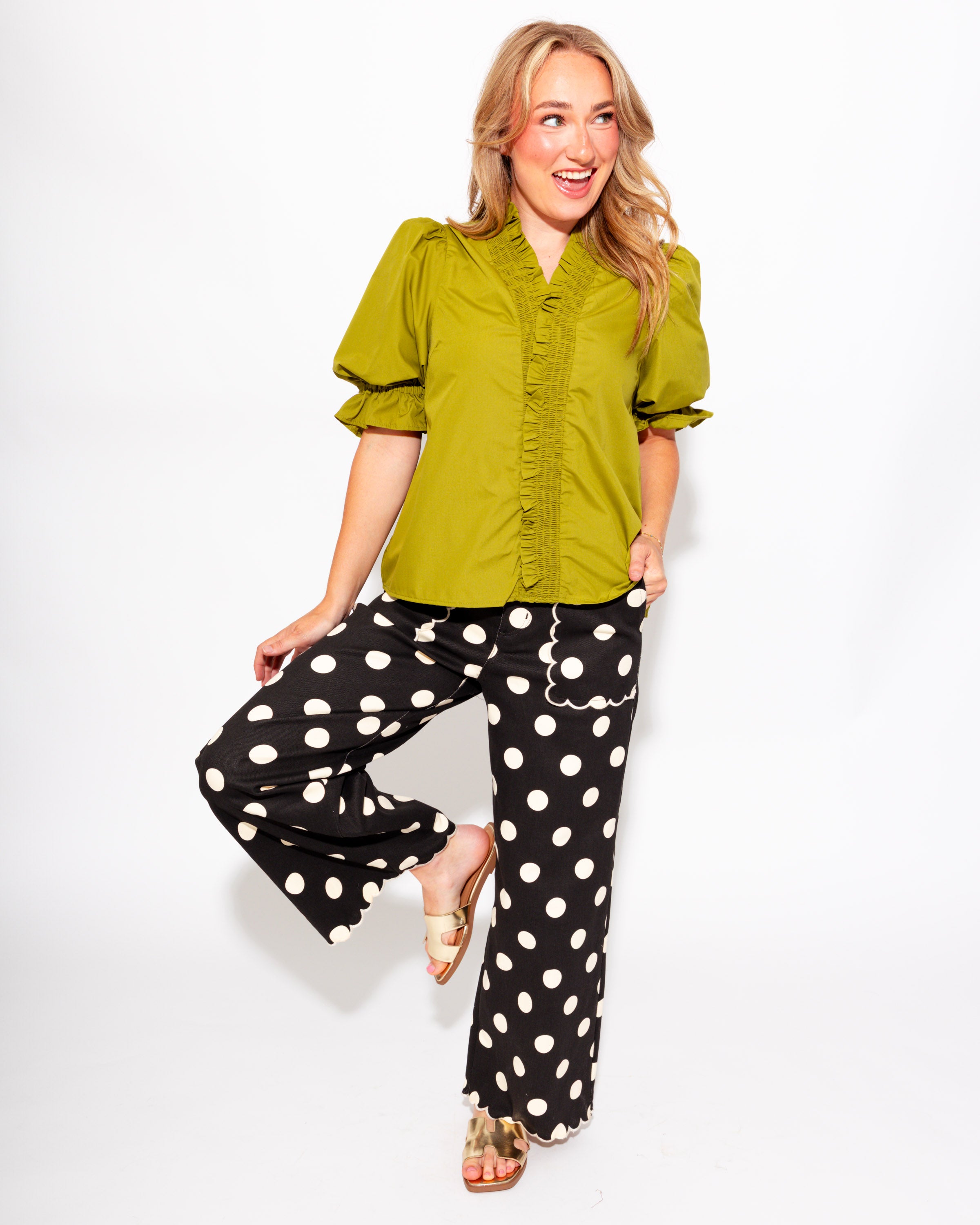 Ruffled Puff Sleeve Top in Olive