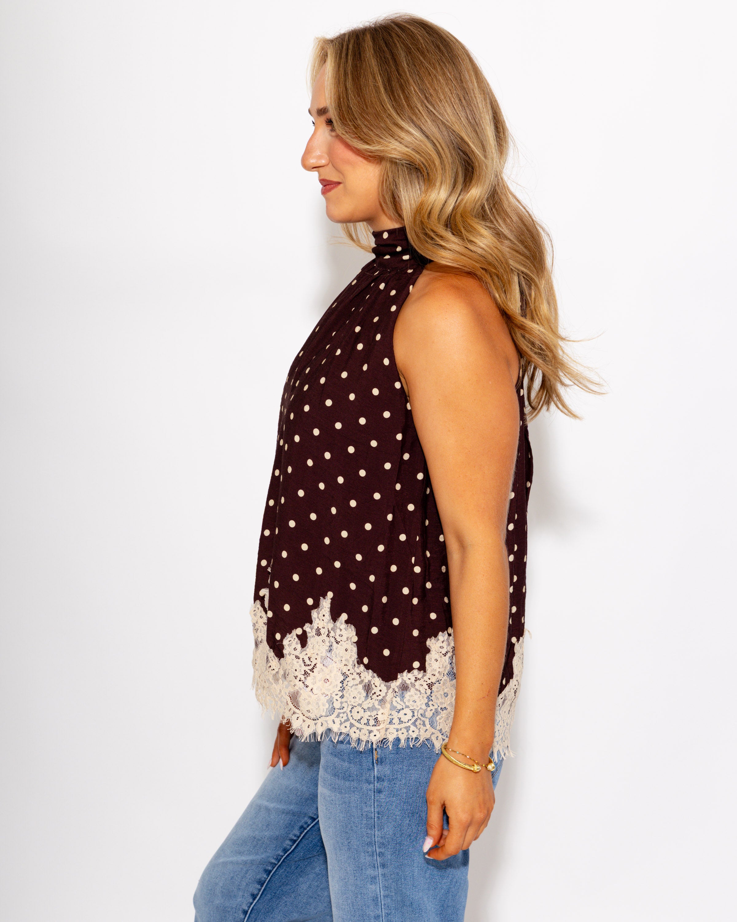 Polka Dot Satin Lace Trim Halter Top