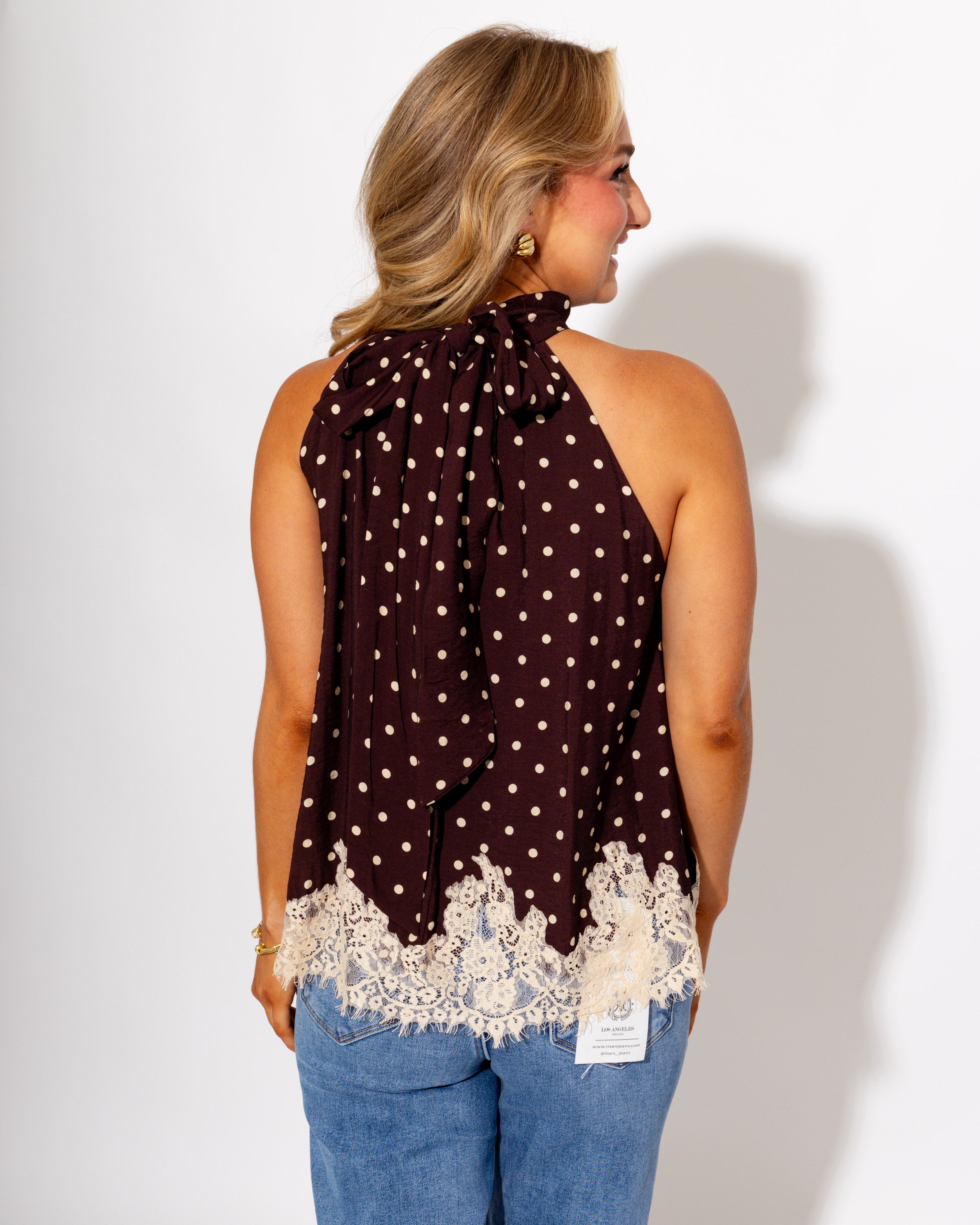 Polka Dot Satin Lace Trim Halter Top