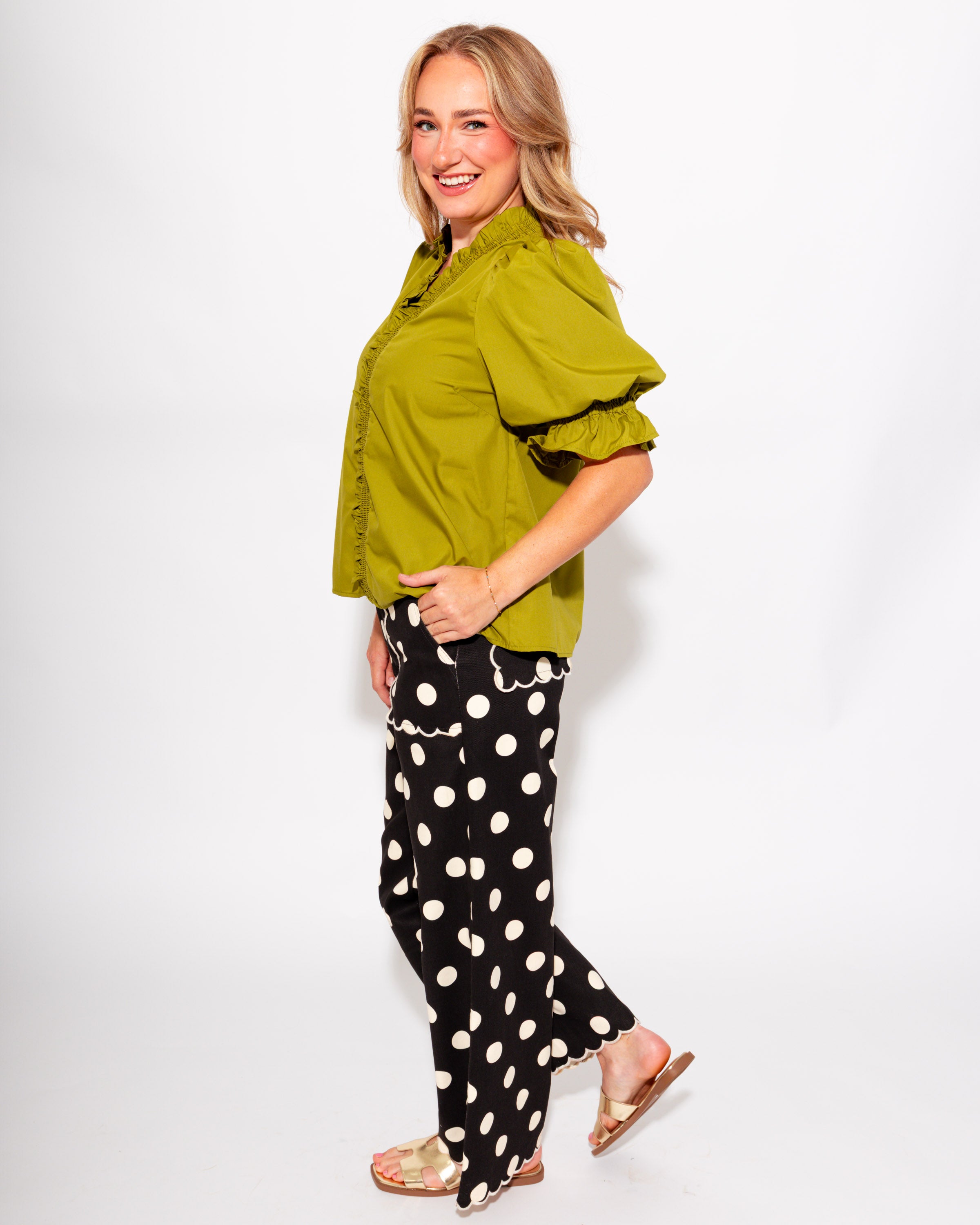 Ruffled Puff Sleeve Top in Olive