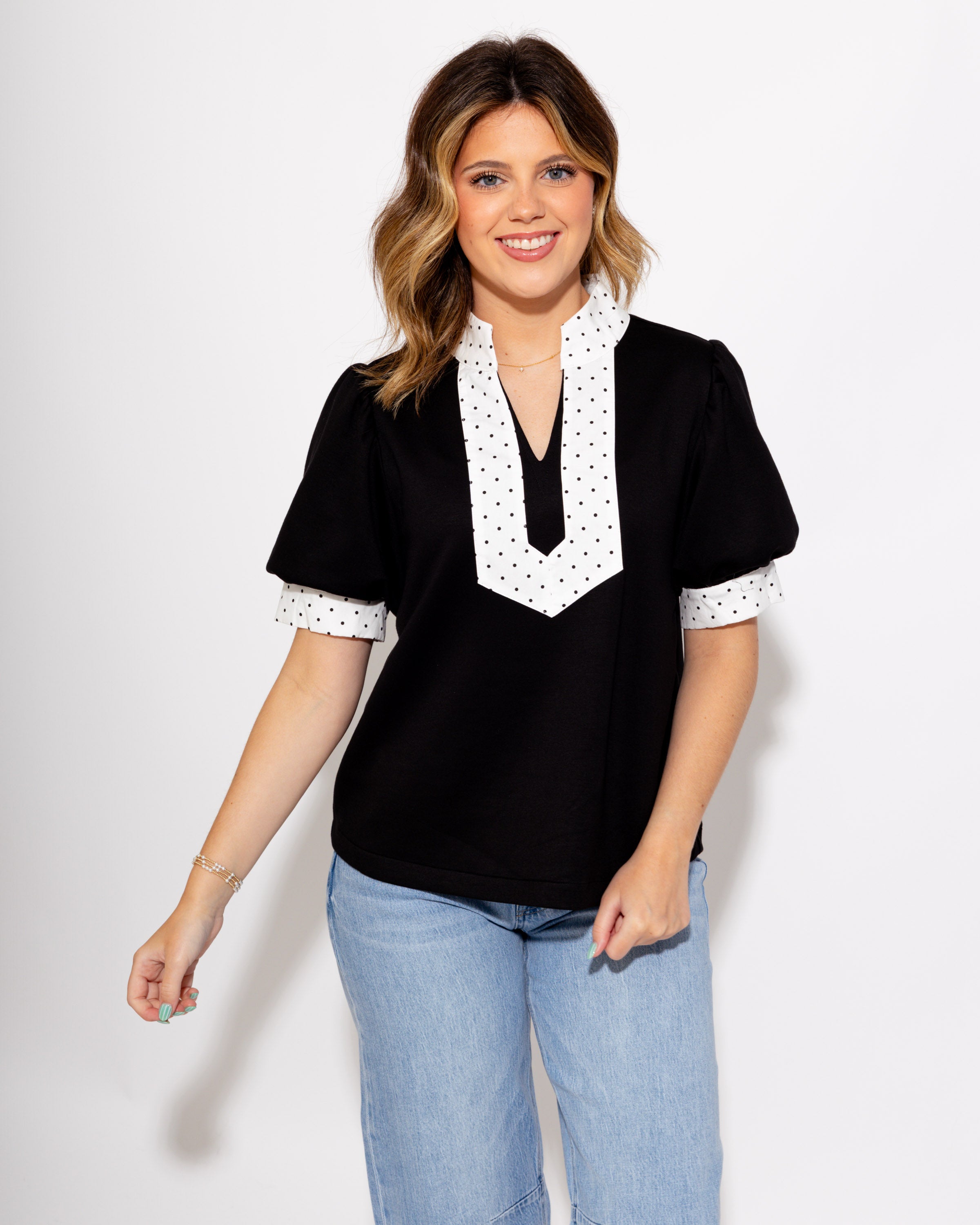 Contrast Dot Puff Sleeve Top