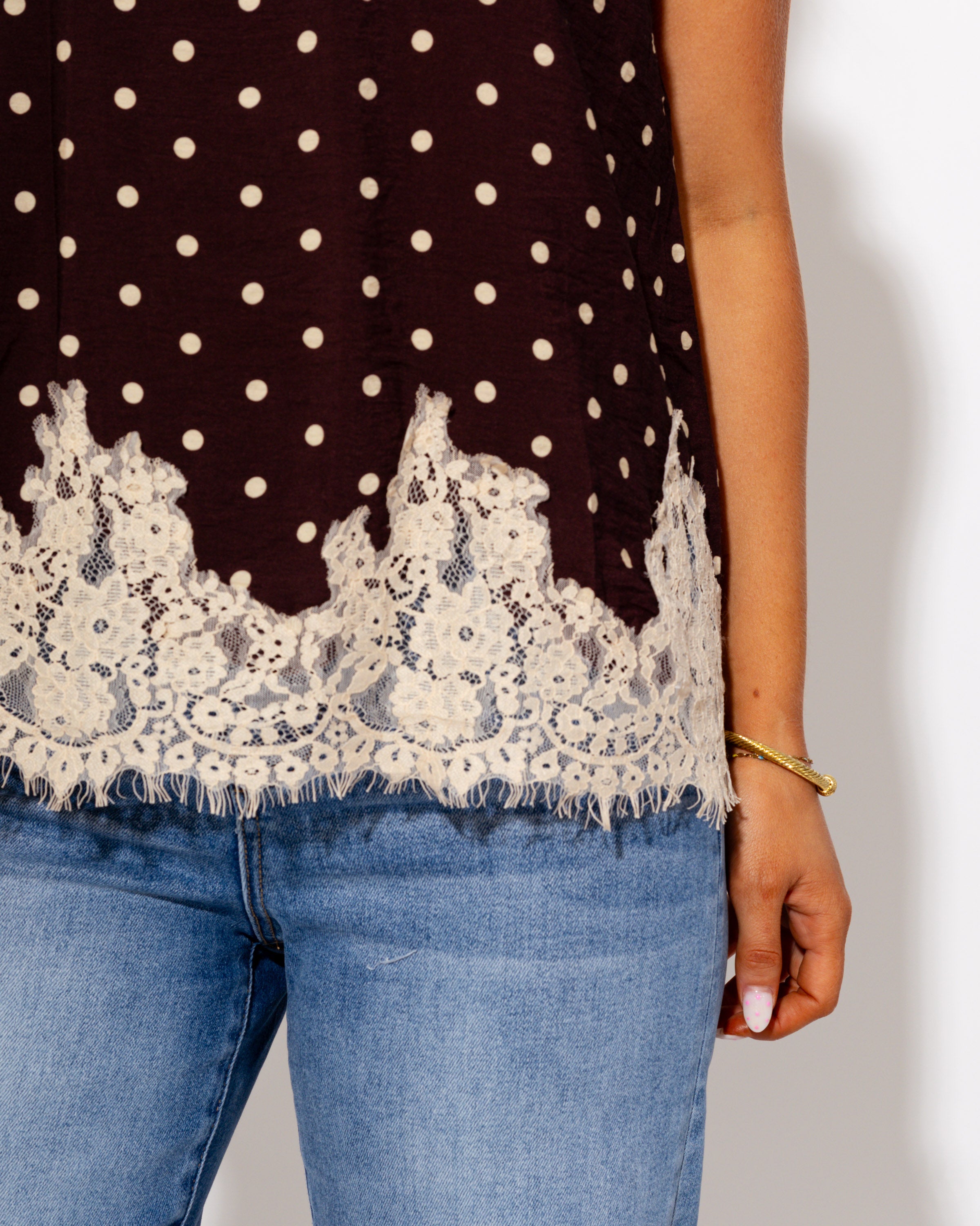 Polka Dot Satin Lace Trim Halter Top
