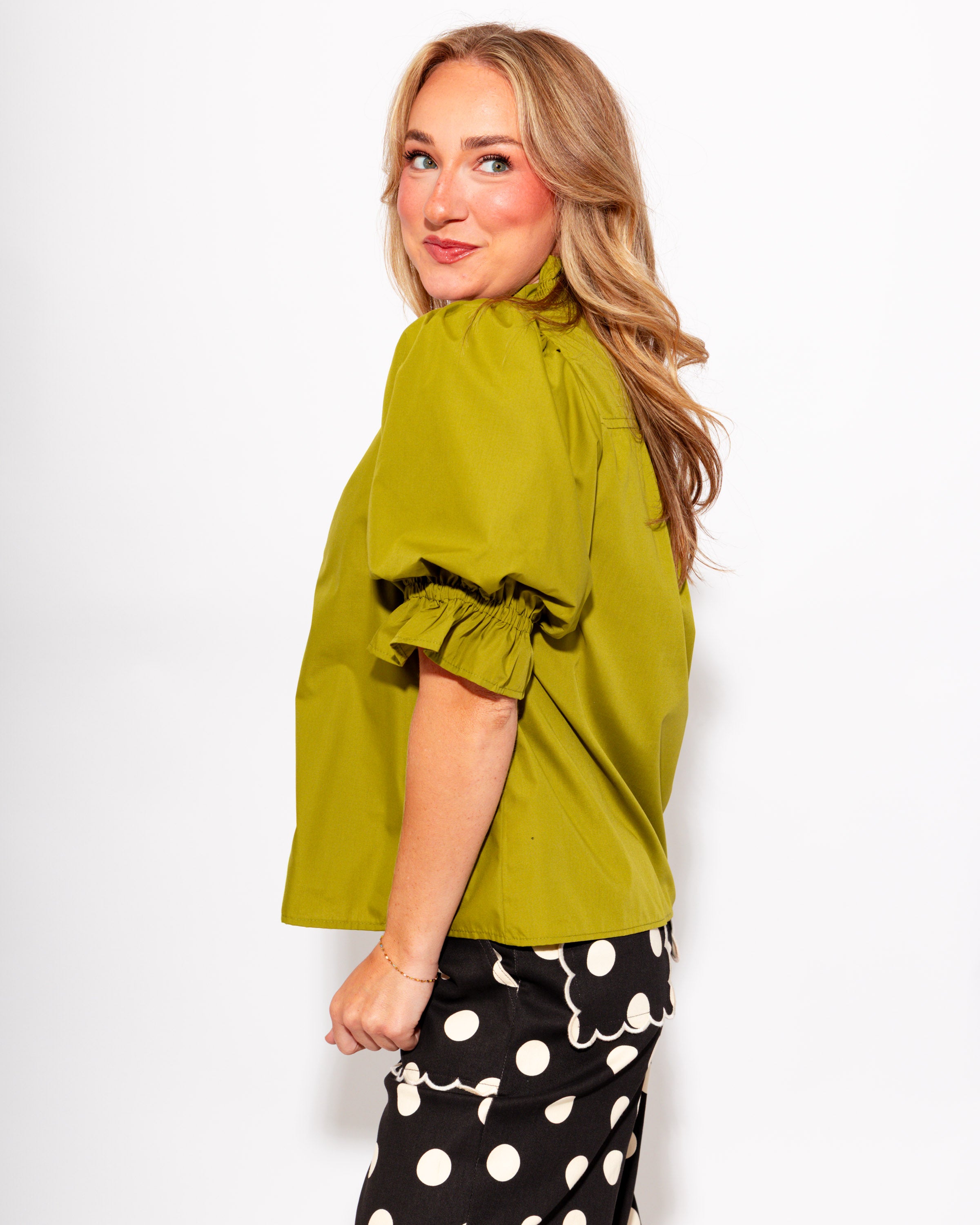 Ruffled Puff Sleeve Top in Olive