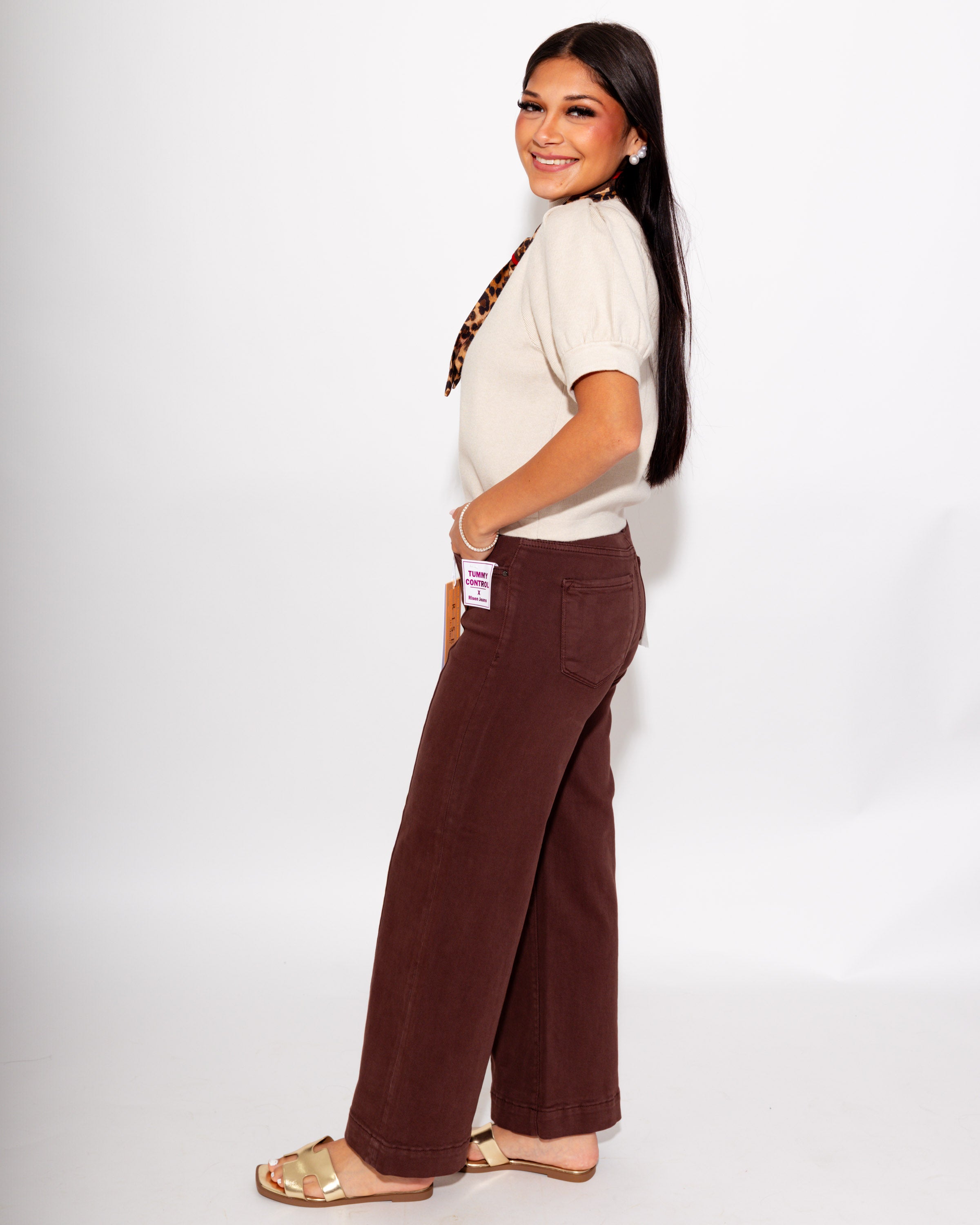 Tummy Control High Rise Pants in Chocolate Brown
