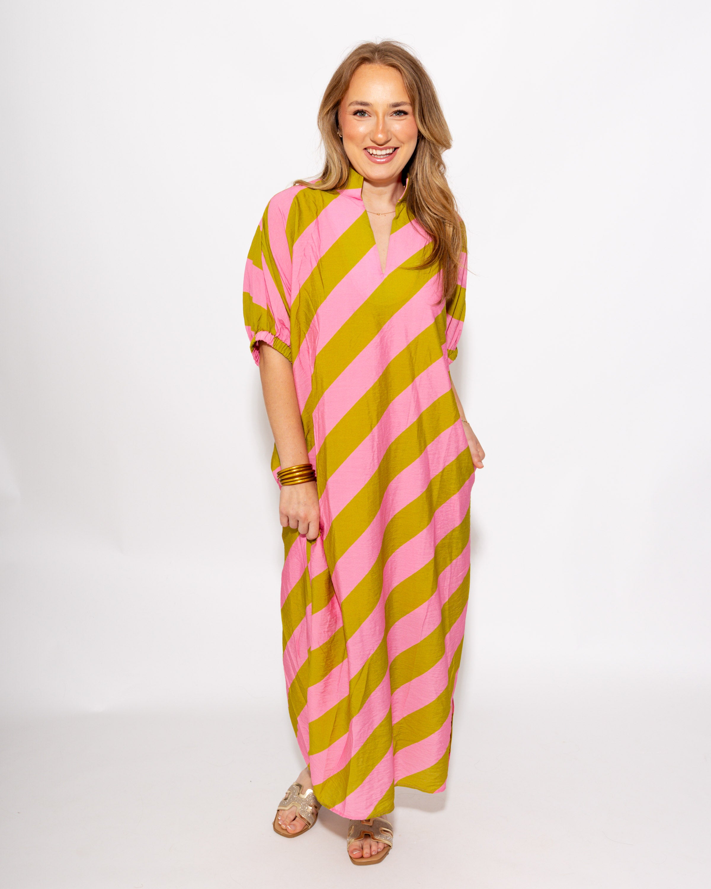 Effortless Stripe Dolman Dress in Kiwi/Pink