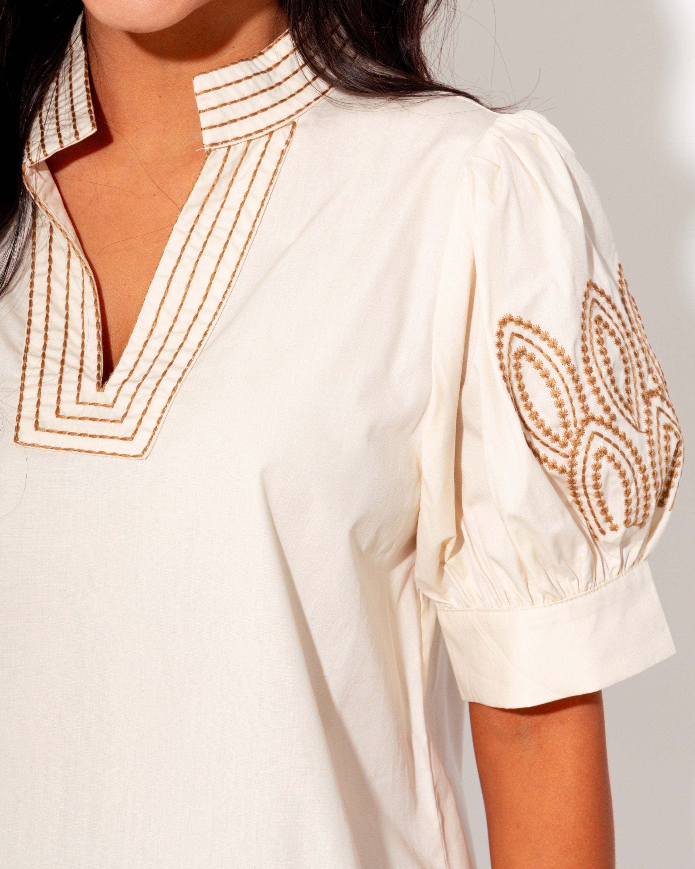 Embroidered Puff Sleeve Top in Cream