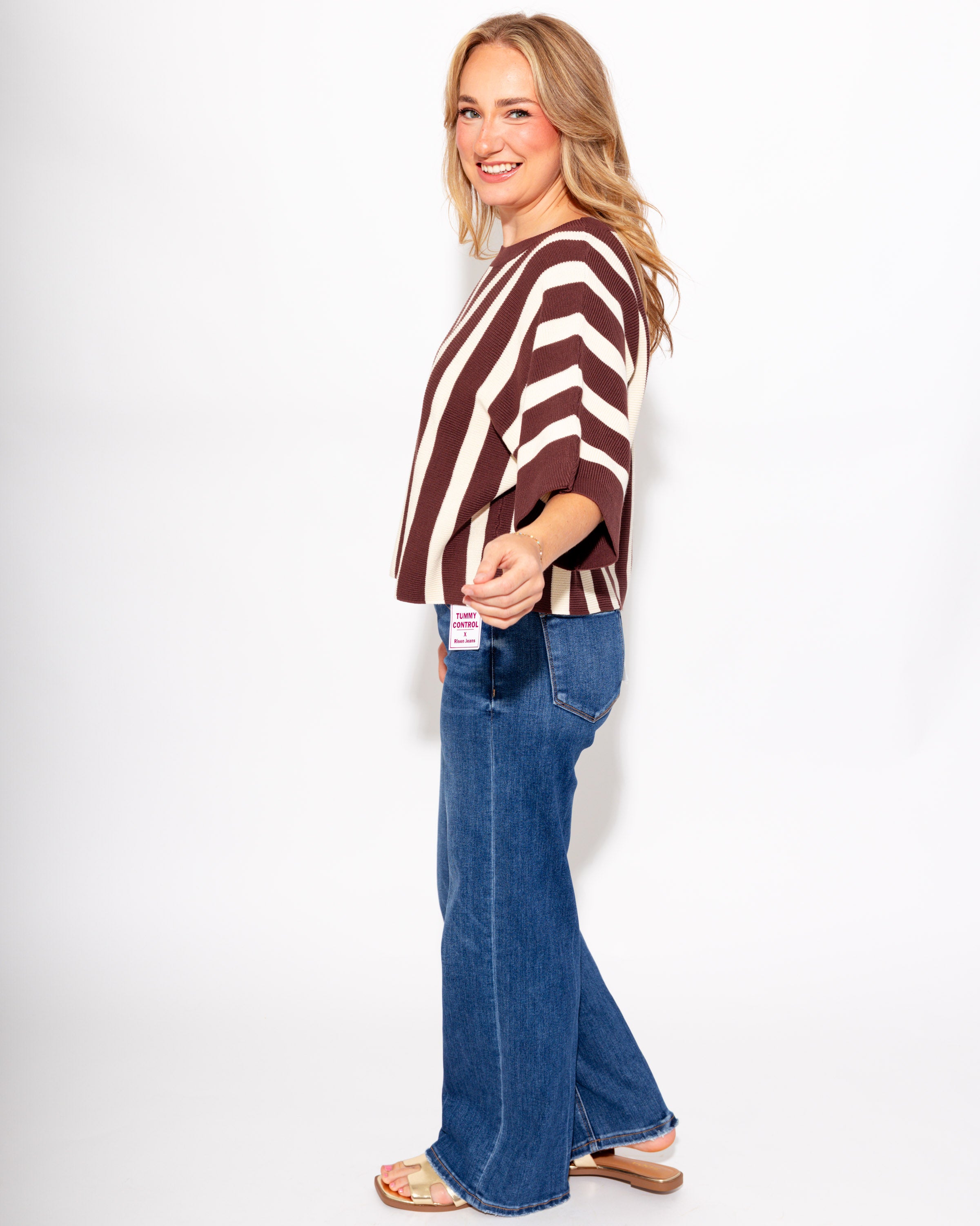 Brown Striped Ribbed Crew Neck Top