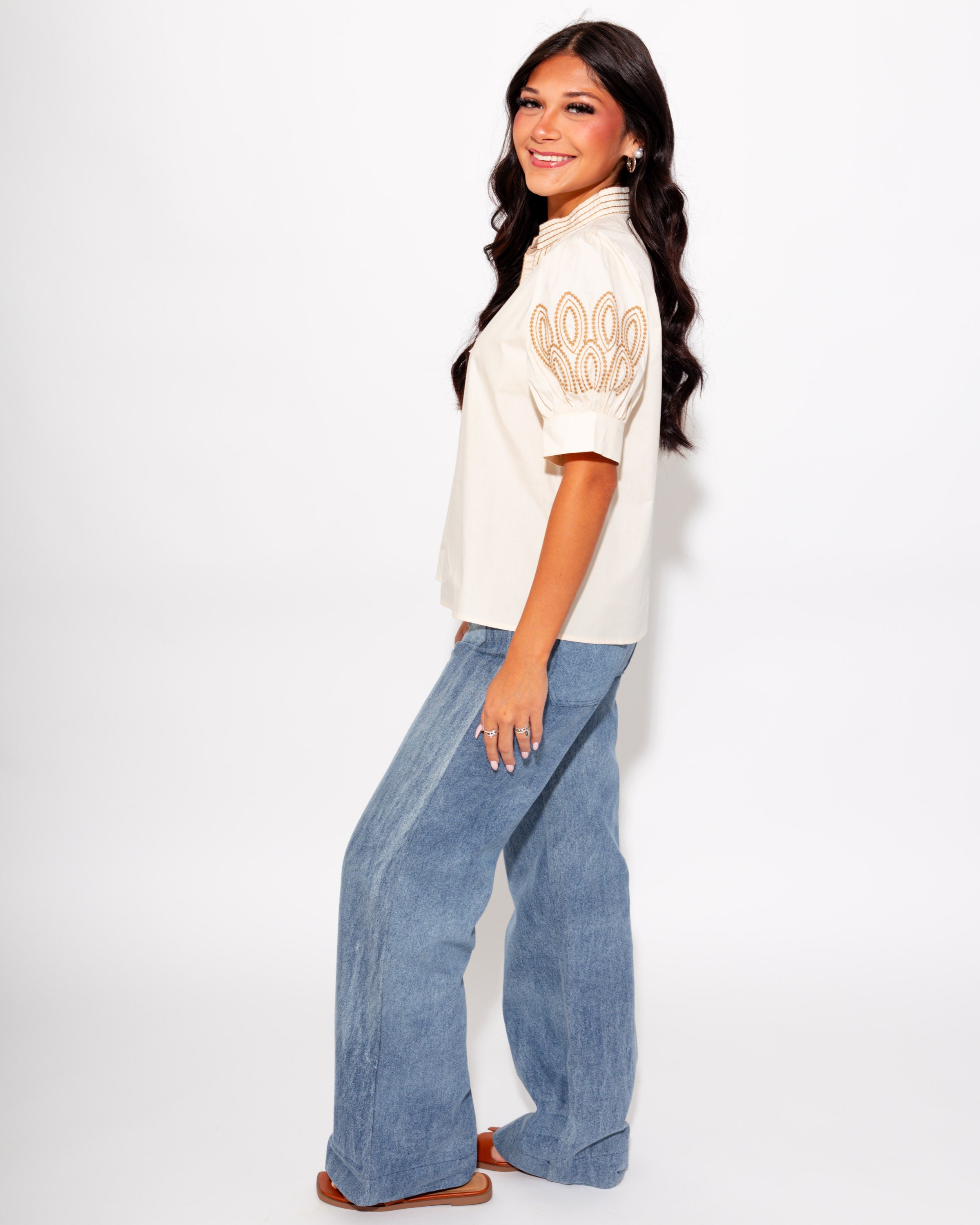Embroidered Puff Sleeve Top in Cream