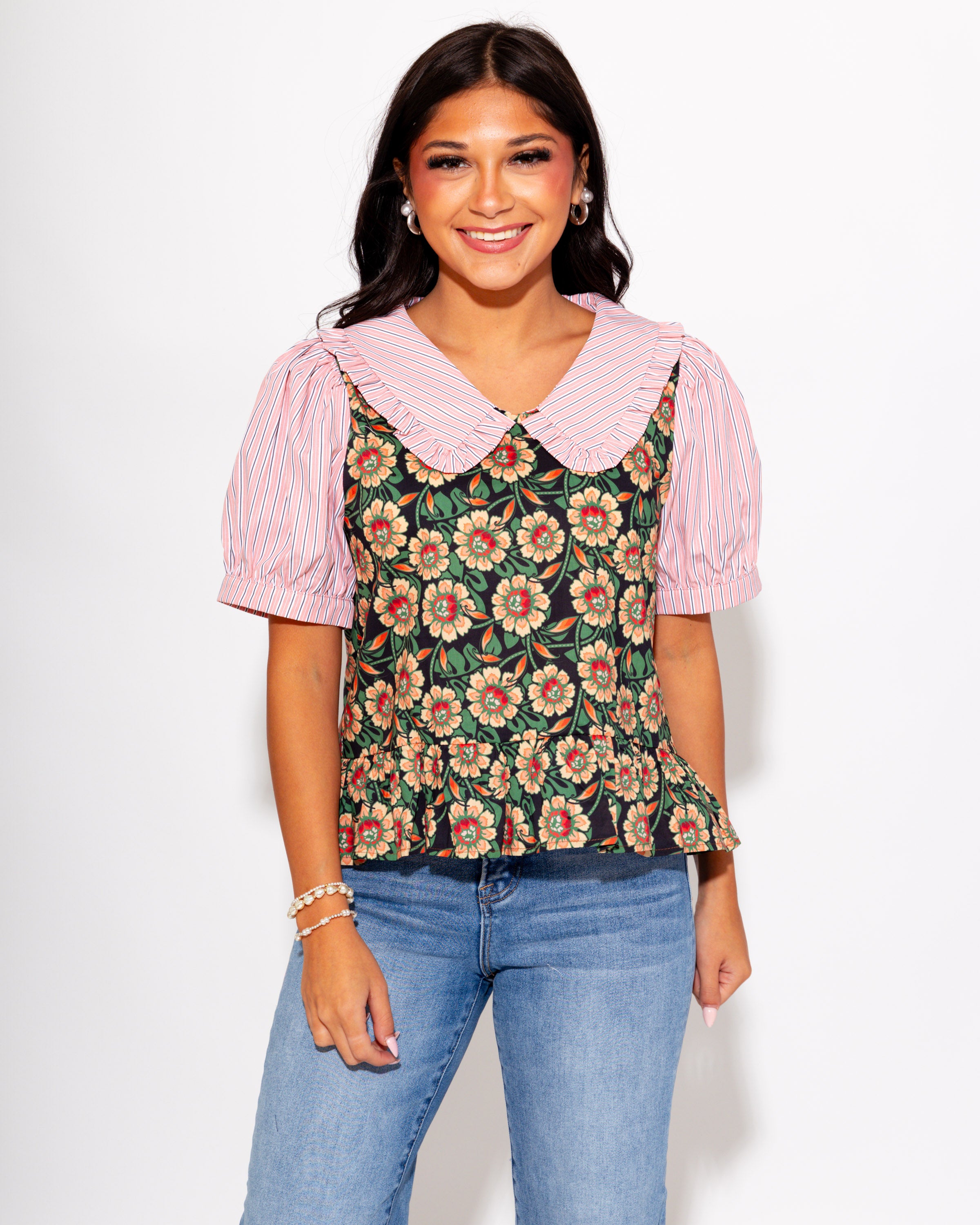 Girly Garden Mixed Print Top in Peach
