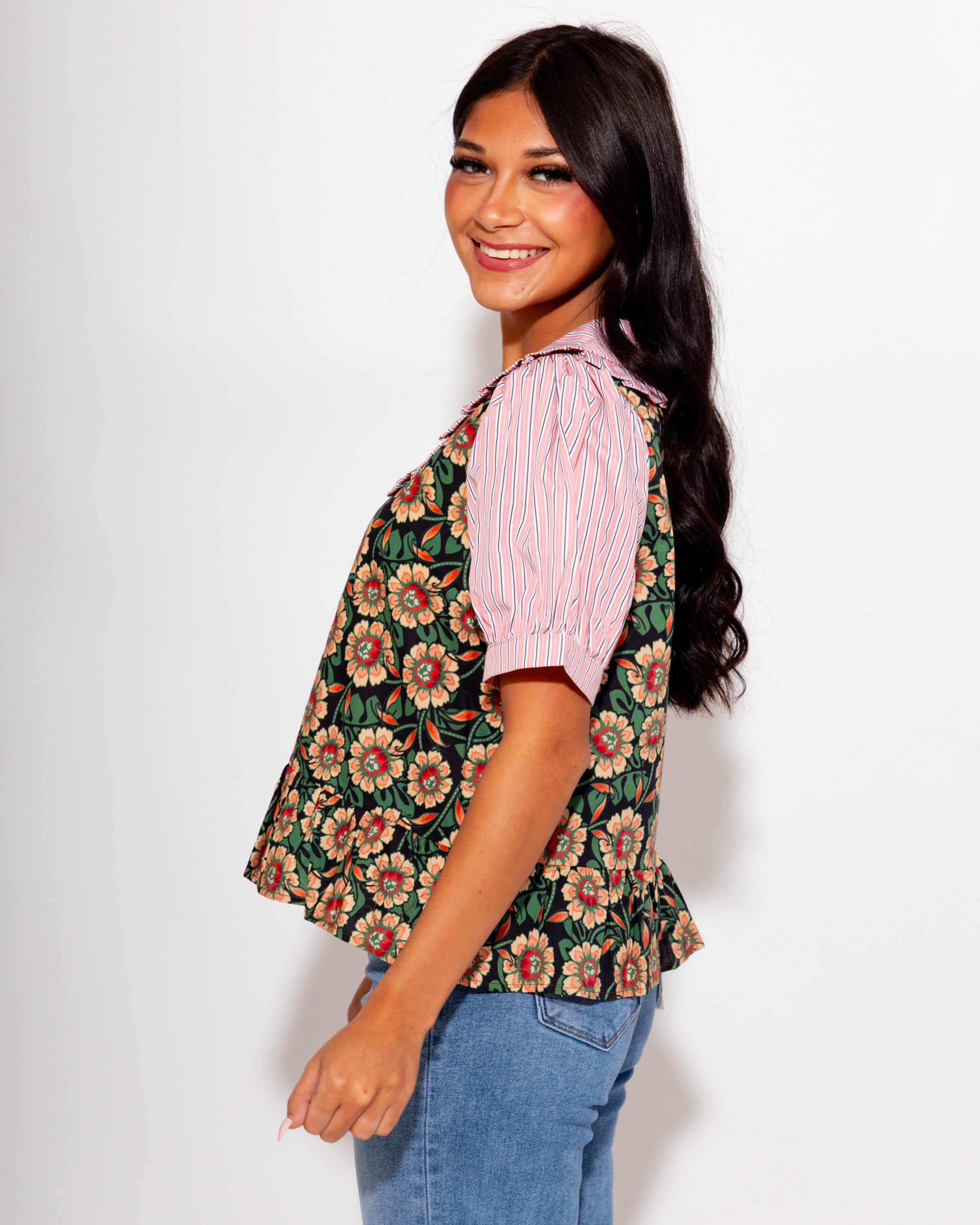 Girly Garden Mixed Print Top in Peach