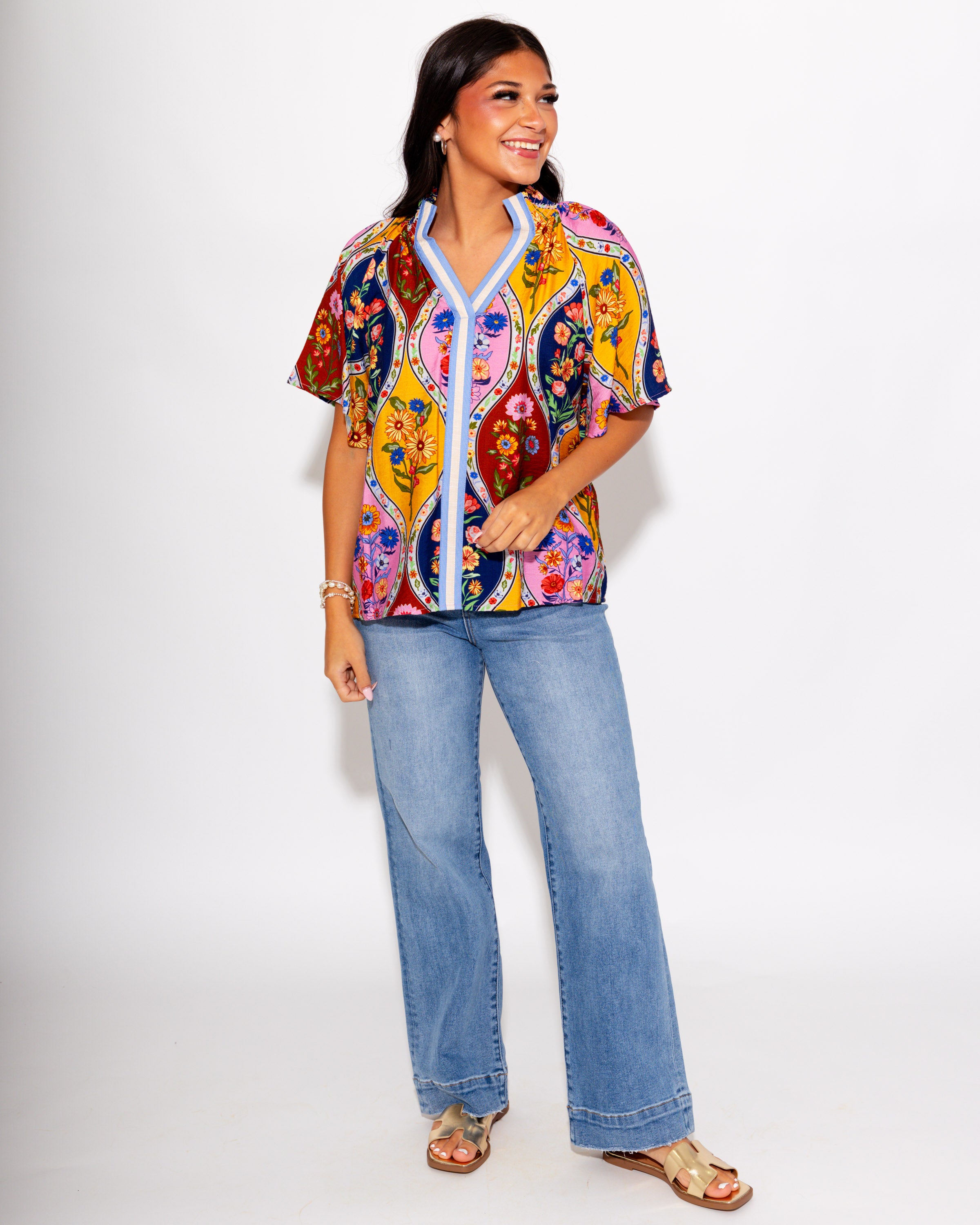 Antique Bloom Split Neck Top