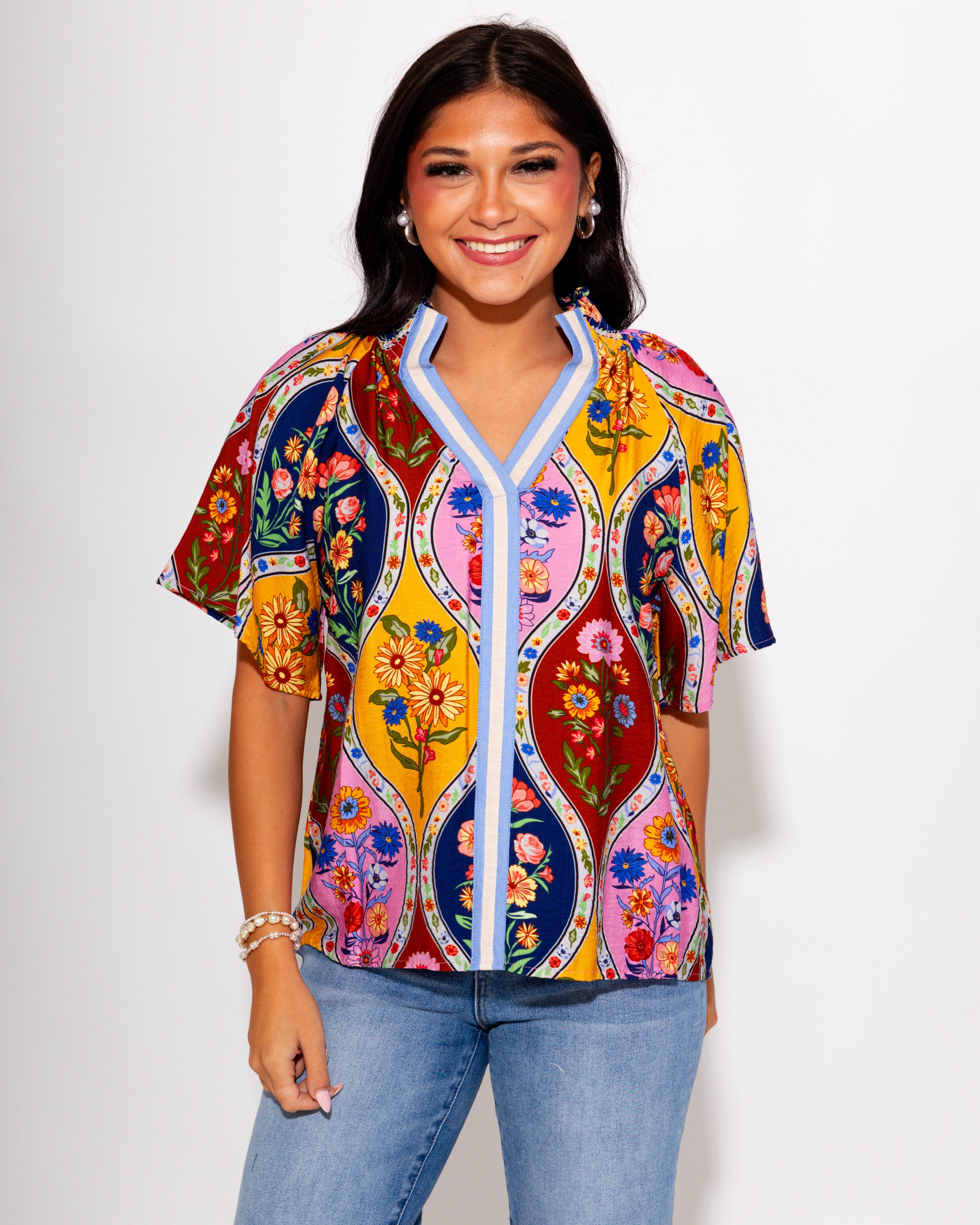 Antique Bloom Split Neck Top