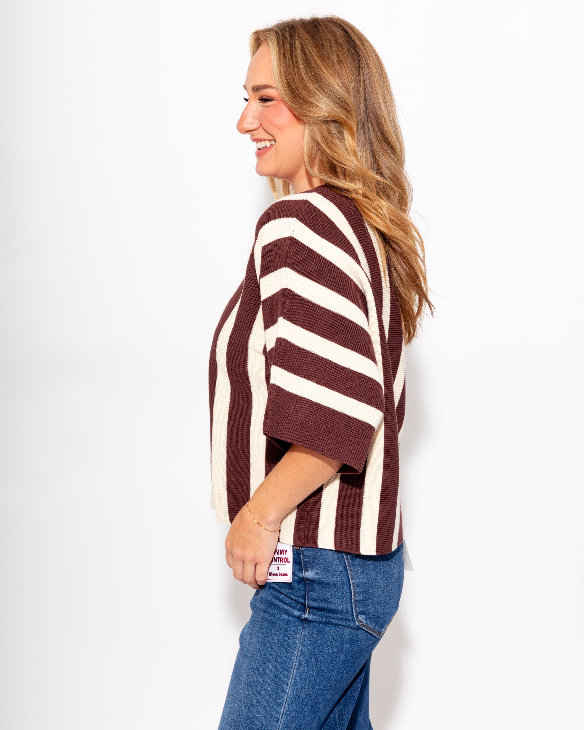 Brown Striped Ribbed Crew Neck Top