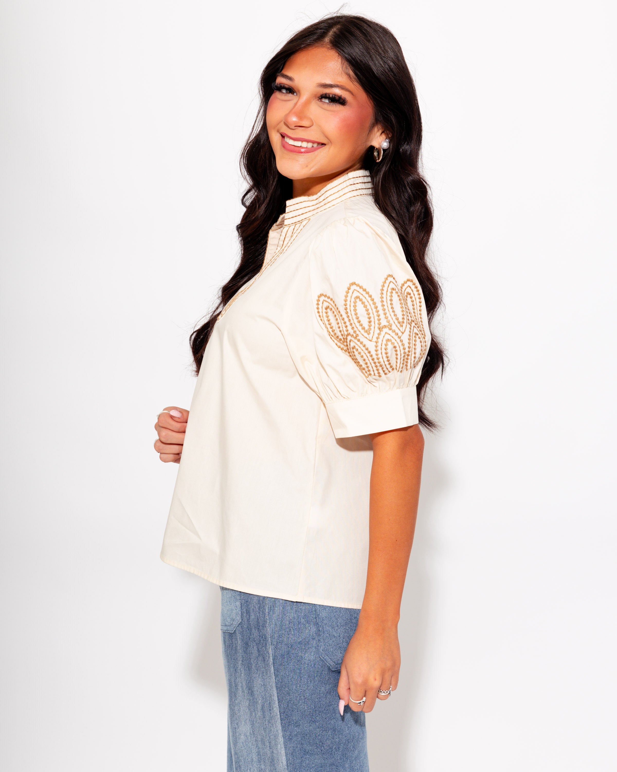 Embroidered Puff Sleeve Top in Cream