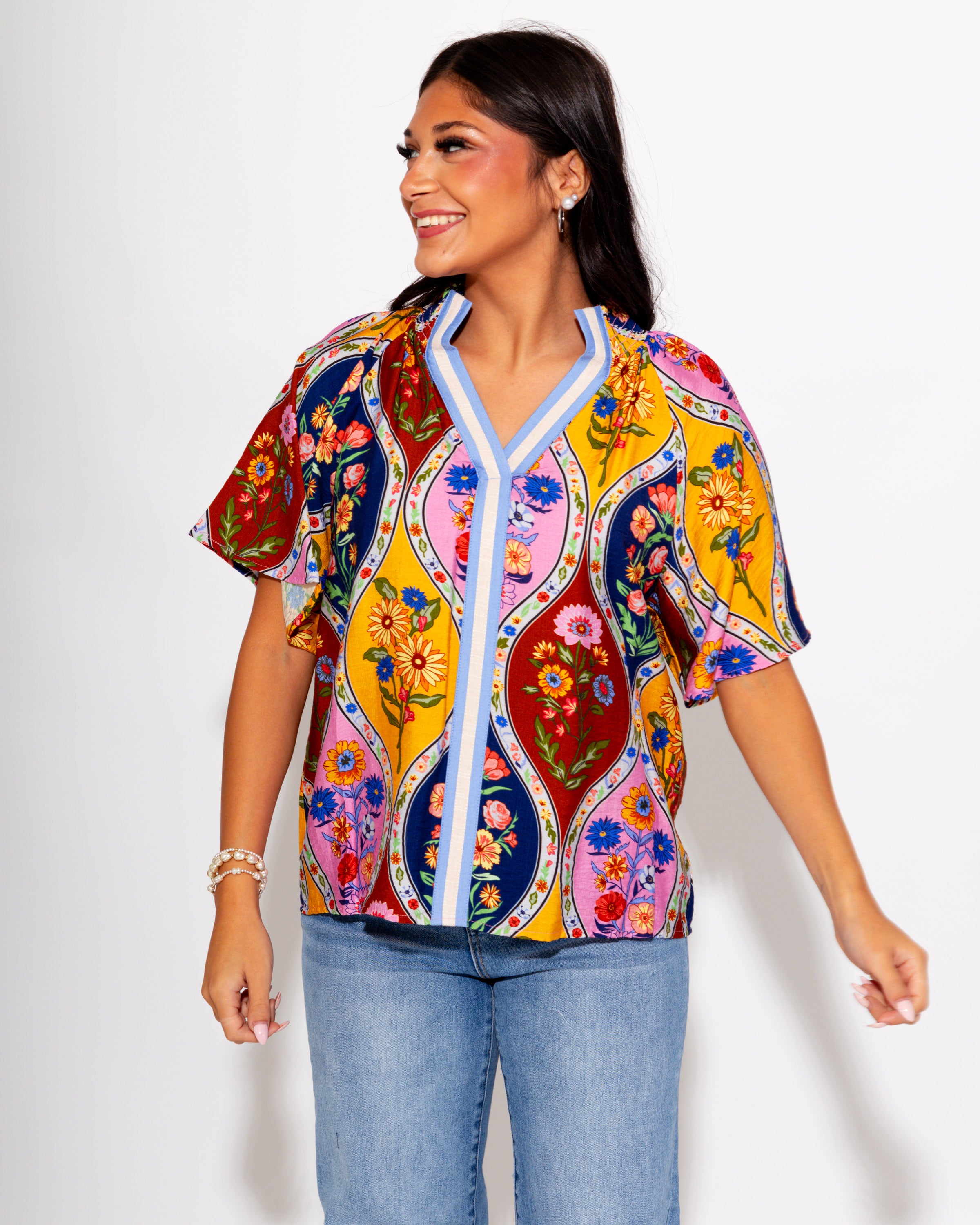 Antique Bloom Split Neck Top