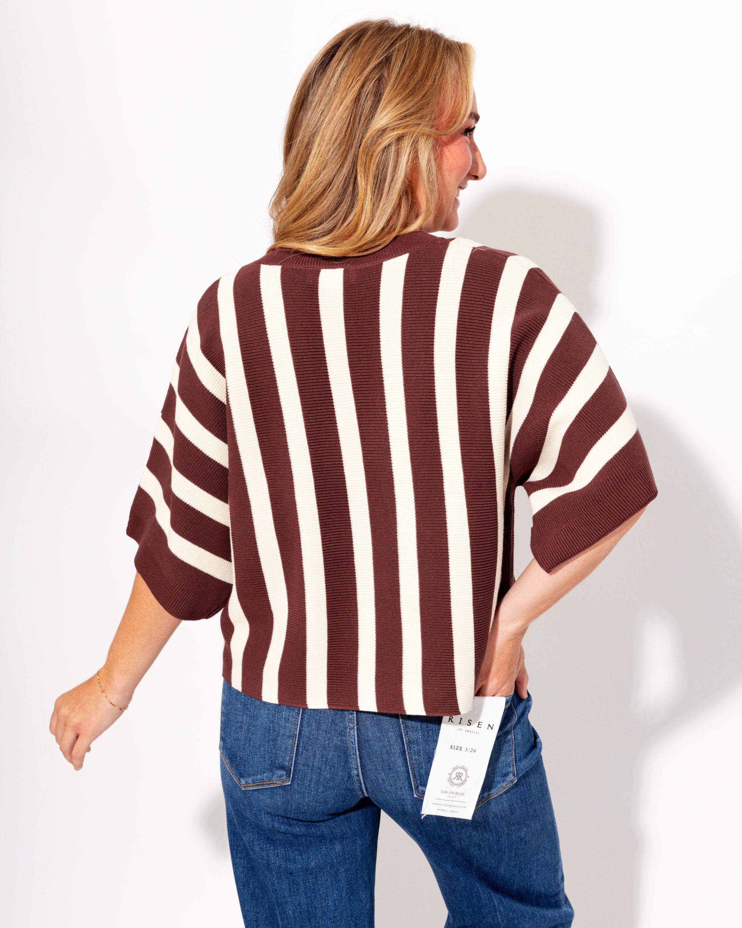 Brown Striped Ribbed Crew Neck Top
