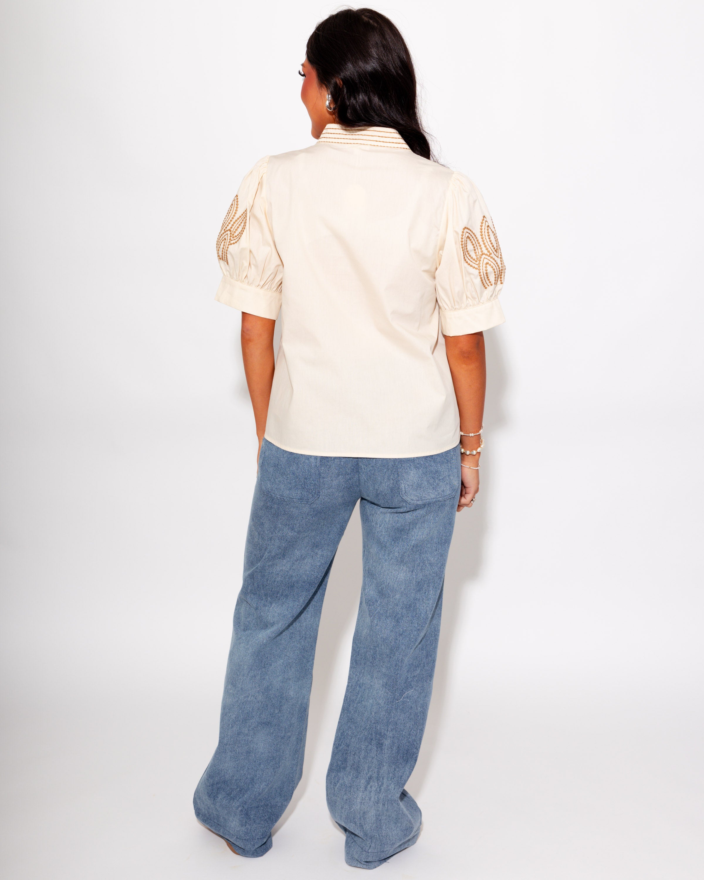 Embroidered Puff Sleeve Top in Cream