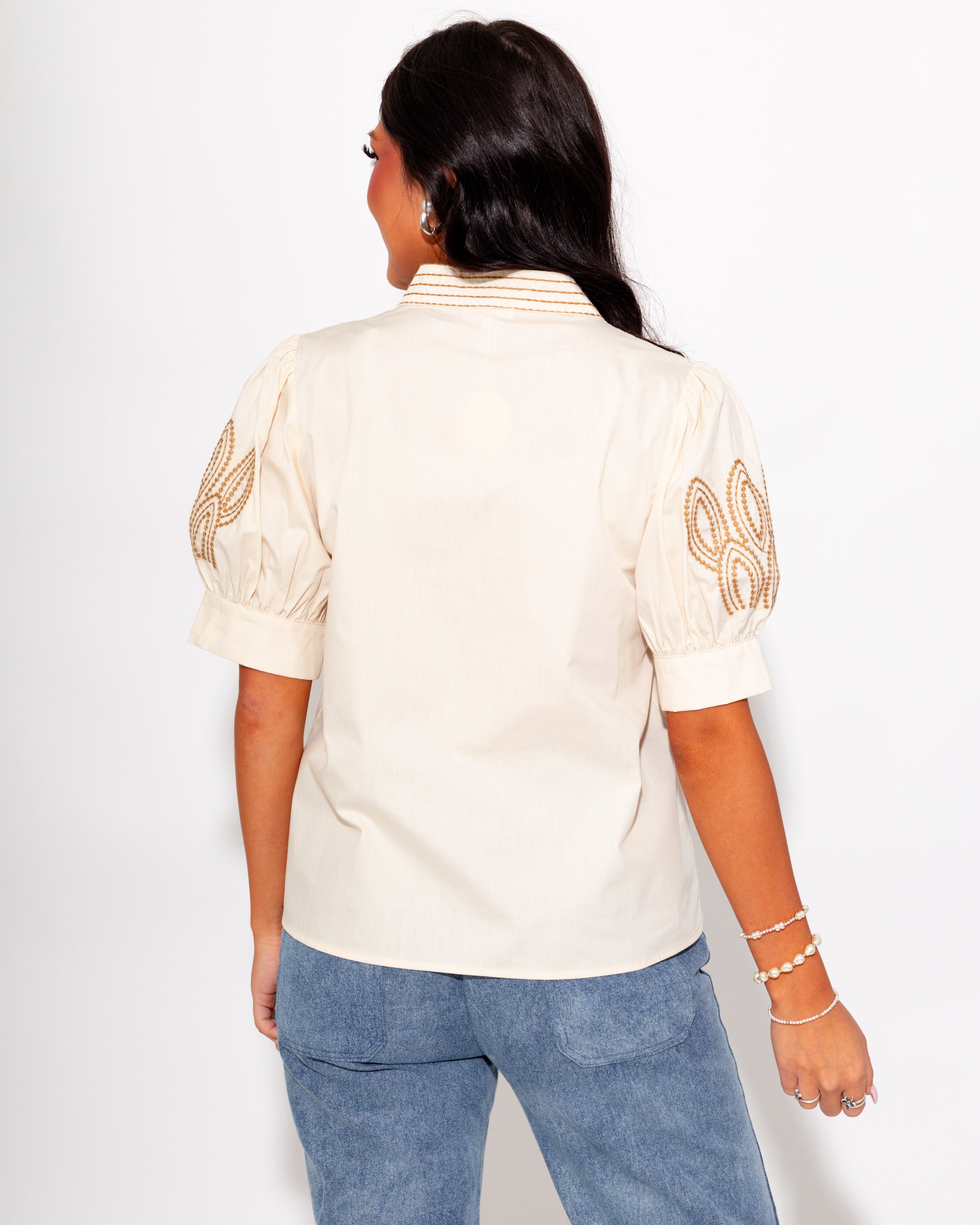 Embroidered Puff Sleeve Top in Cream