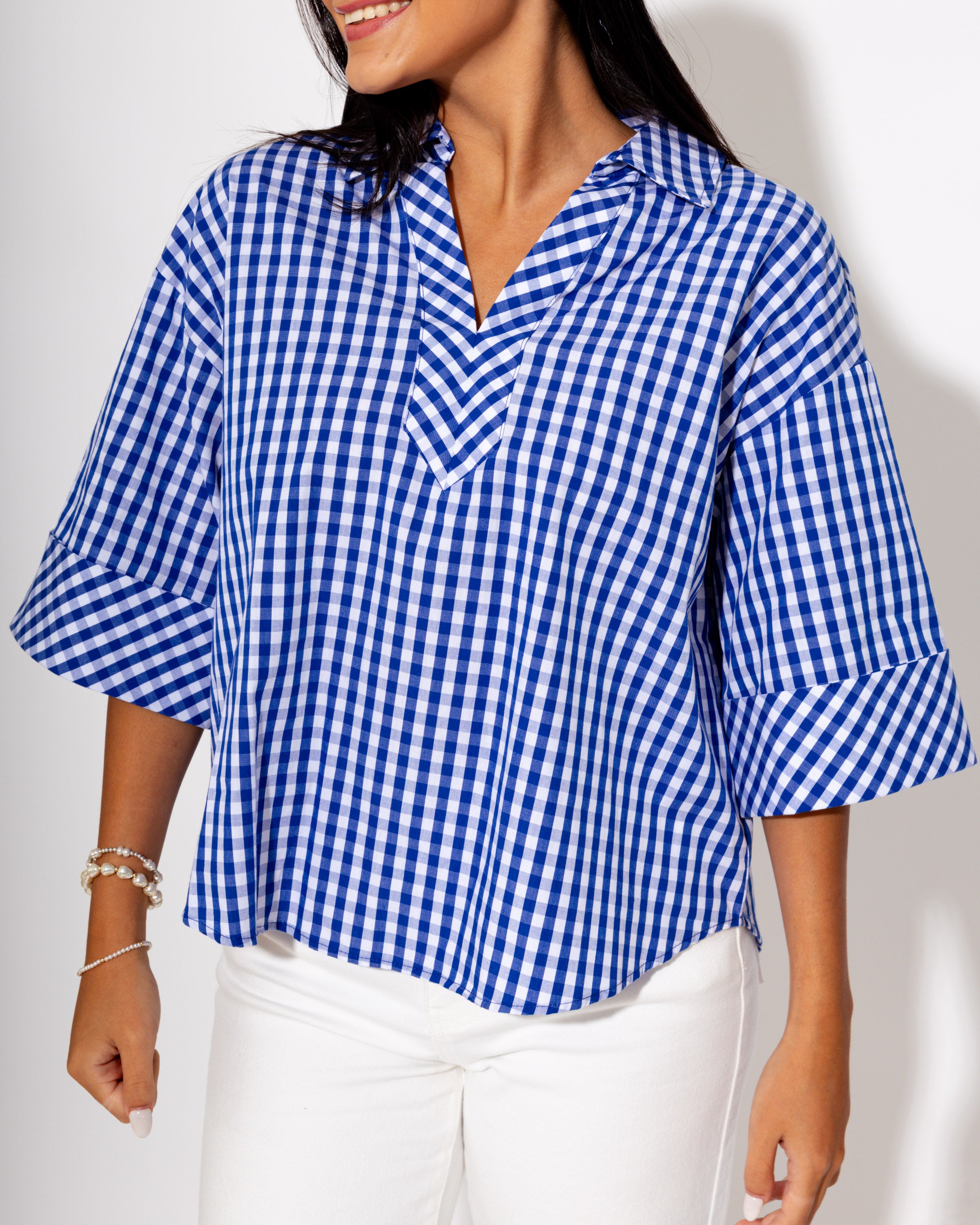 Effortless Summer Gingham Top in Indigo