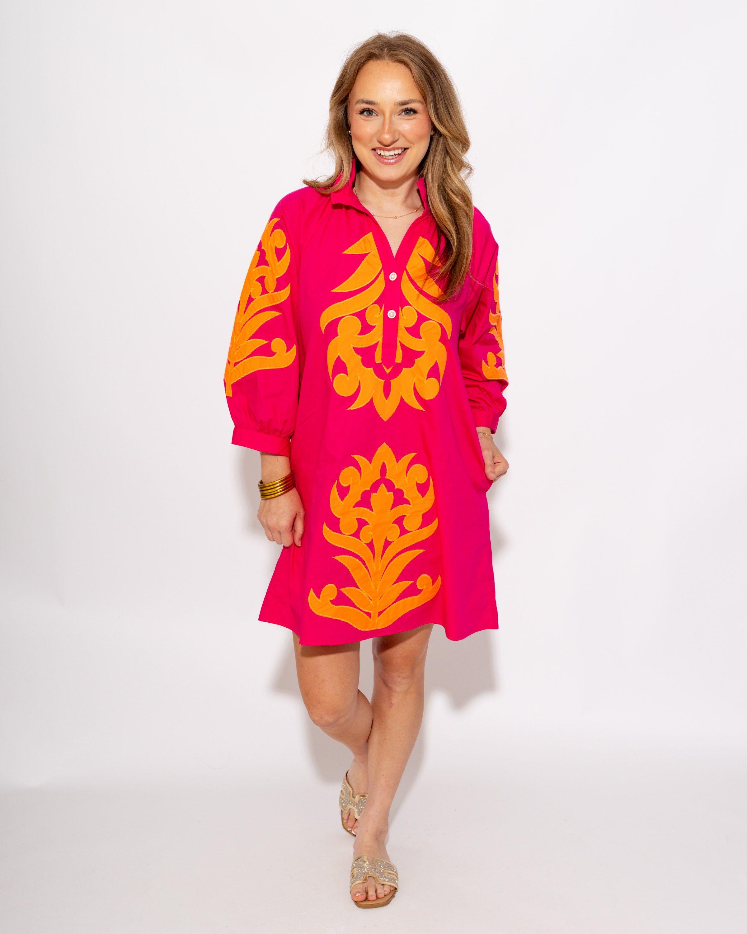 Baroque Floral Applique Shift Dress in Fuchsia